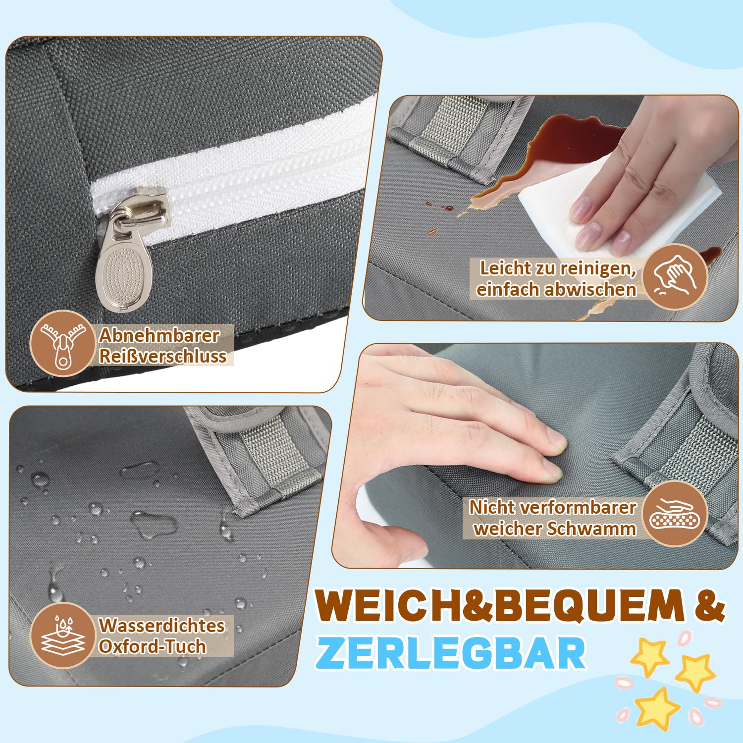 Asiento elevador de silla infantil, correa de 5 puntos, plegable silla elevador, cojín portátil para niños con respaldo, impermeable y fácil de limpiar, incluye bolsa de almacenamiento, gris