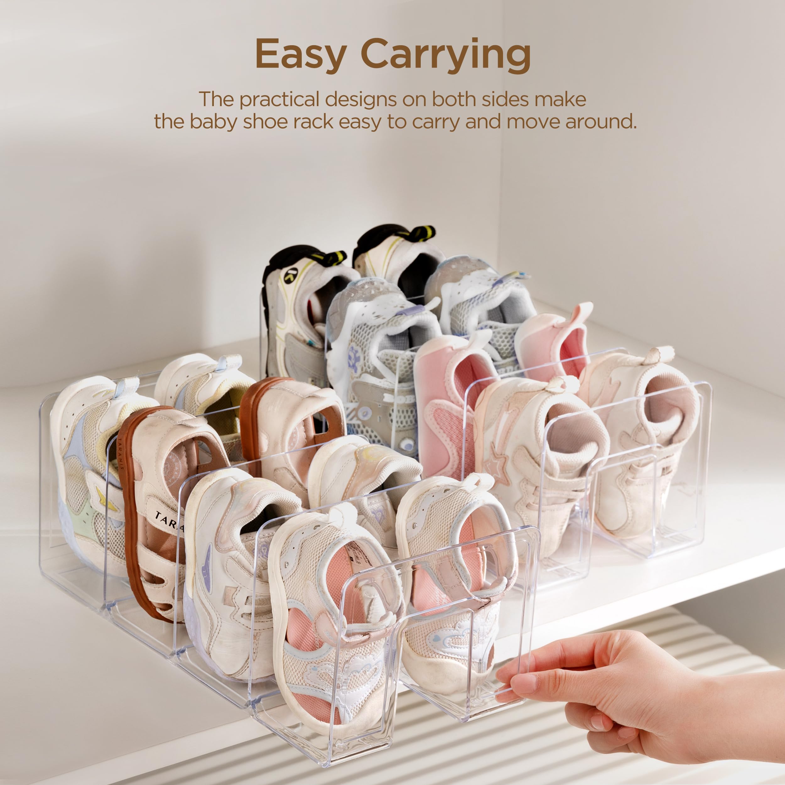 Zapatero de acrílico transparente para niños para organizadores y almacenamiento, zapatero pequeño de 4 secciones para zapatos de bebé para niños pequeños, estante apilable para zapatos 4