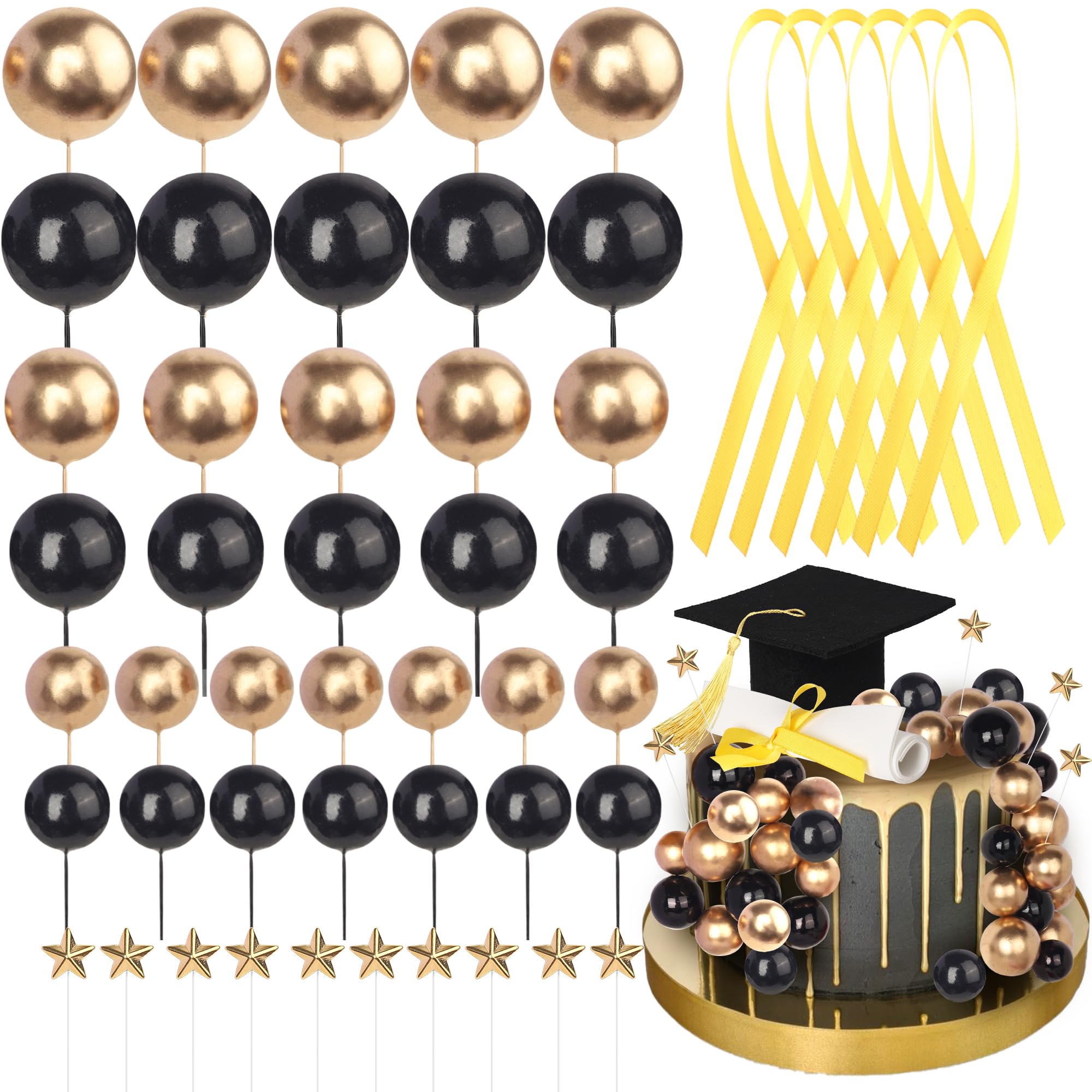 SYKYCTCY 25 Pack 2026 Graduation Cake Topper Grad Cap with Tassel Diploma Stars and Balls Cake Pick Class of 2026 Cake Decorations for College Graduation Party Supplies