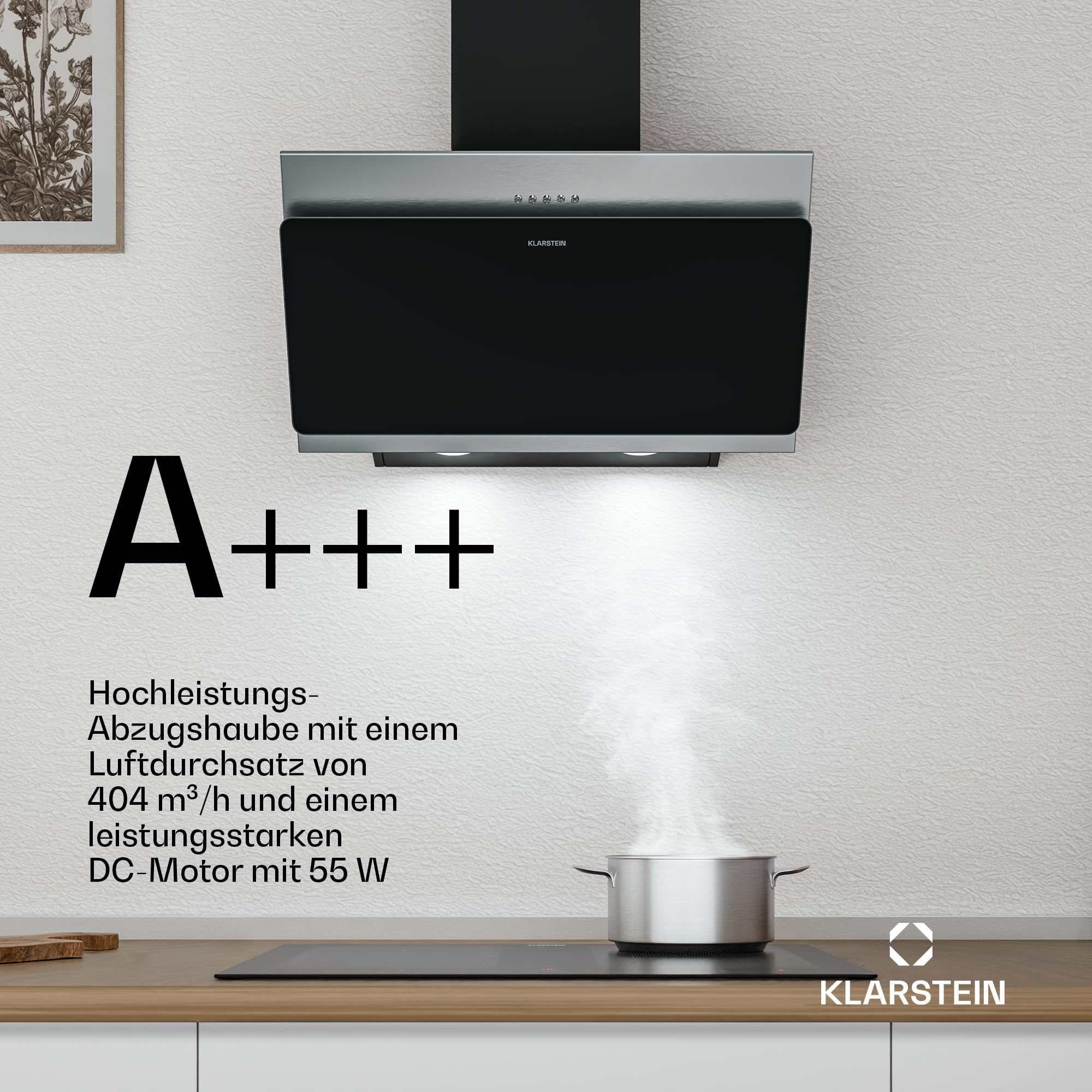 Klarstein Alessia Kopffreihaube - 60cm Abzugshaube, Edelstahl & Schwarzglas, 404 m³/h, A+++ Energieeffizienz, LED-Beleuchtung, 3+Boost Stufen, Umluft & Abluft, Dunstabzugshaube Küche