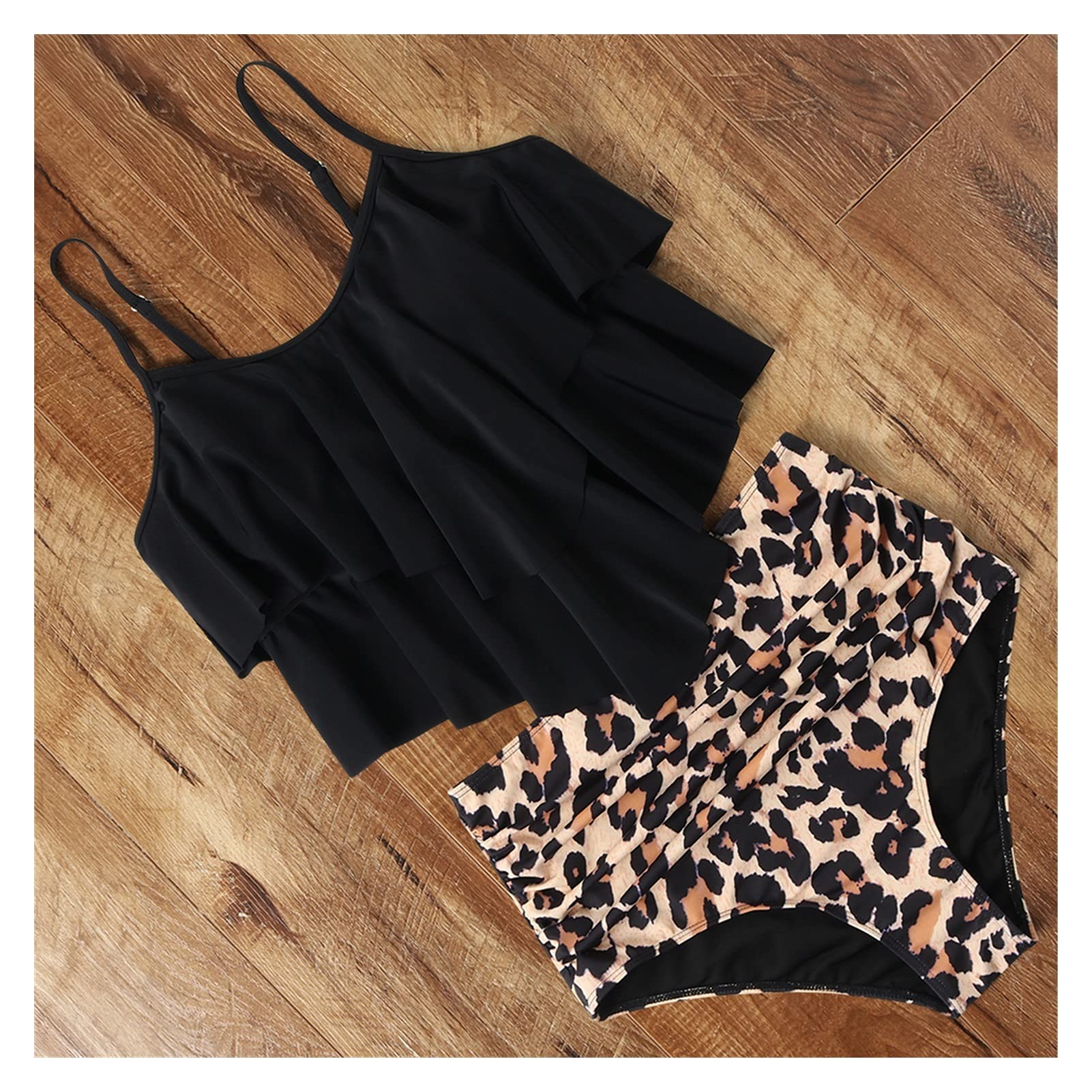 Dwuczęściowy strój kąpielowy Leopard Bikini Wysoka talia Bikini Zwierząt Drukuj Kwiatowy strój kąpielowy Strój kąpielowy z falbanką Stroje kąpielowe w dużych rozmiarach Kobiety Bikini Set (BL)