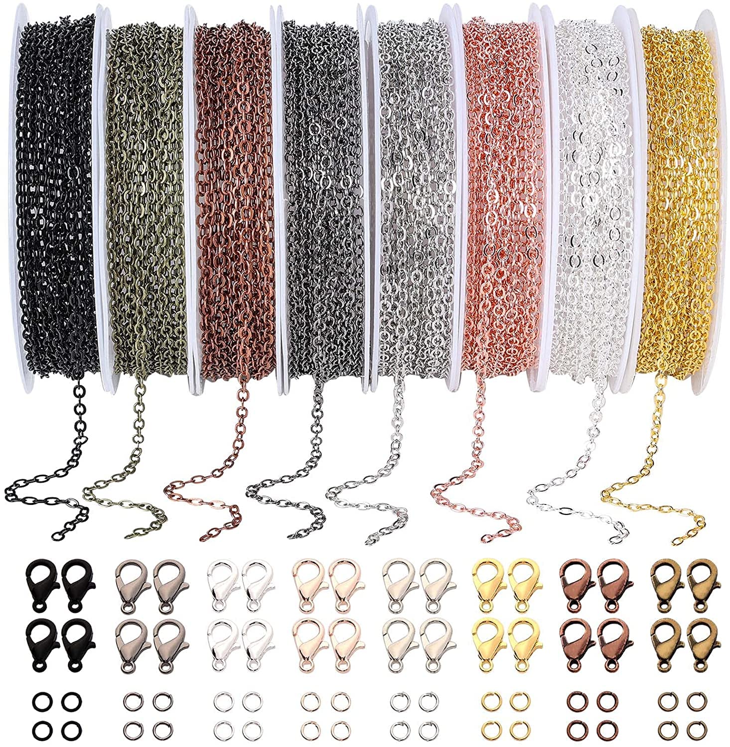 WIIPU Rollo de cadenas de collar de 80 pies, 8 colores, cadenas de metal de 2 mm con anillos abiertos y cierres de langosta para hacer joyas, collares, pulseras, tobilleras