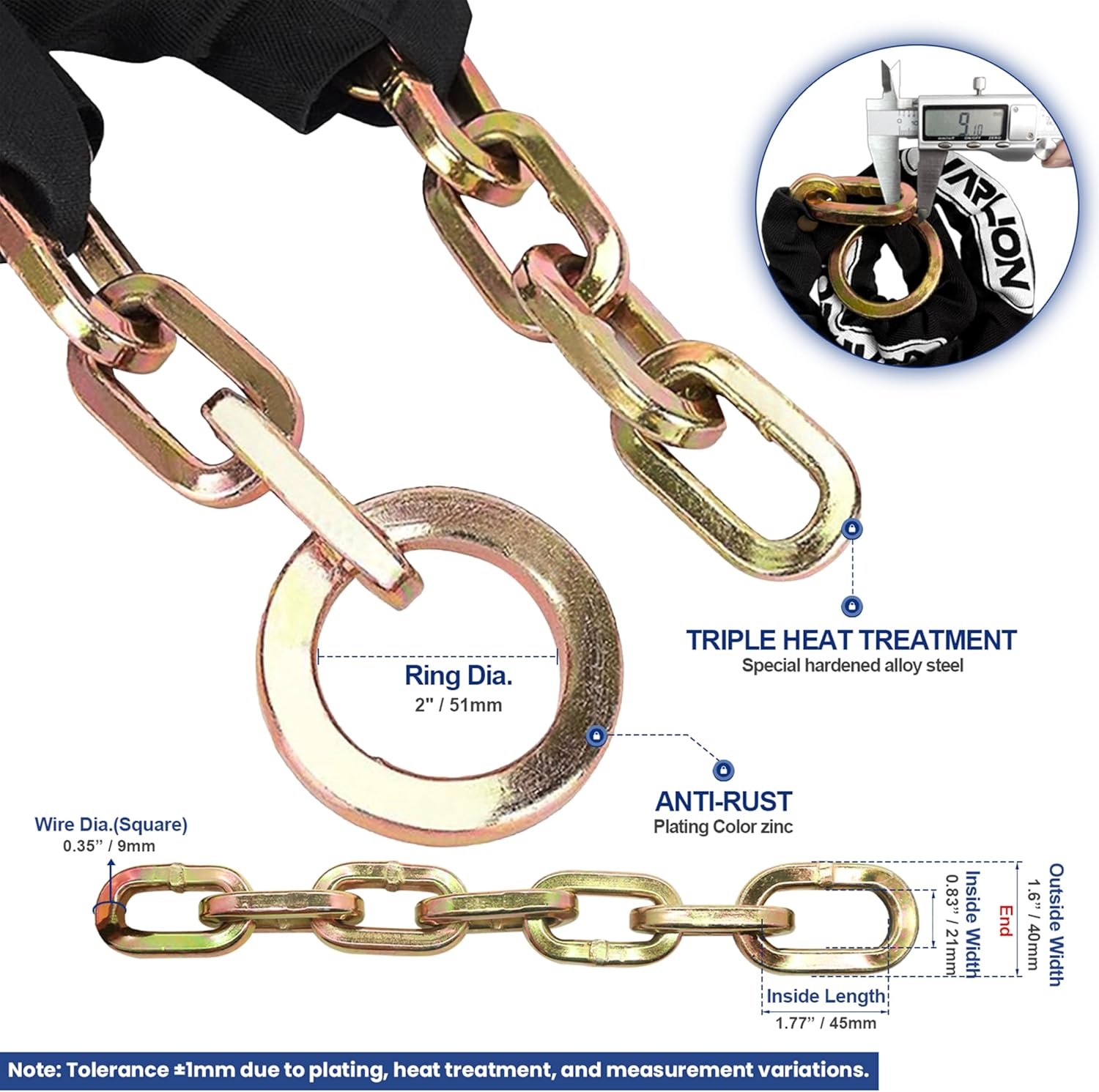 WARLION Heavy Duty Security Chain, 10ft x 3/8in (9mm) Thick, Anti-Theft & Cut-Proof Motorcycle Chain with Cinch Ring - Secure Generators, ATVs, Ebikes & 2-Wheeled Vehicles