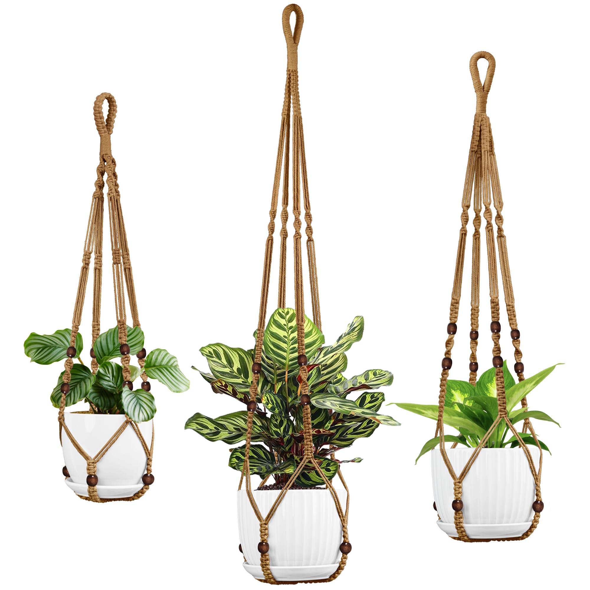 IDEEEPAN Macrame Plant Hanger - Fits 4-15 Inch Pots, 43"/35"/29" Different Sizes Set, Hanging Planter Holder for Indoor Outdoor, Cotton Rope Boho Home Decor, Brown