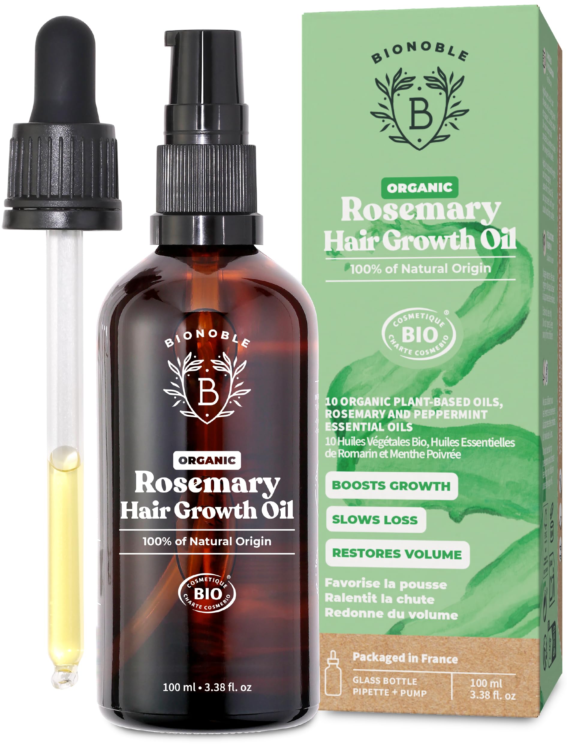 BIONOBLE Organic Rosemary Oil for Hair Growth, Slows Loss, Restores Volume, Nourishes the Scalp, Rosemary Hair Oil, Castor