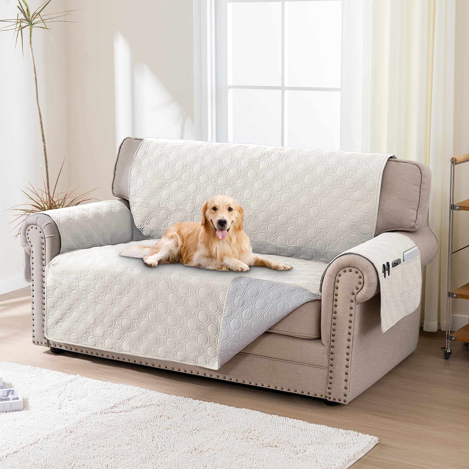 BellaHills Copridivano 100% Impermeabile Grande 2 Posti Addensare Copridivano Trapuntato con Tasche Laterali, Antimacchia Antigraffio Cani Gatti Moderno Salvadivano, Seduta 140cm, Beige