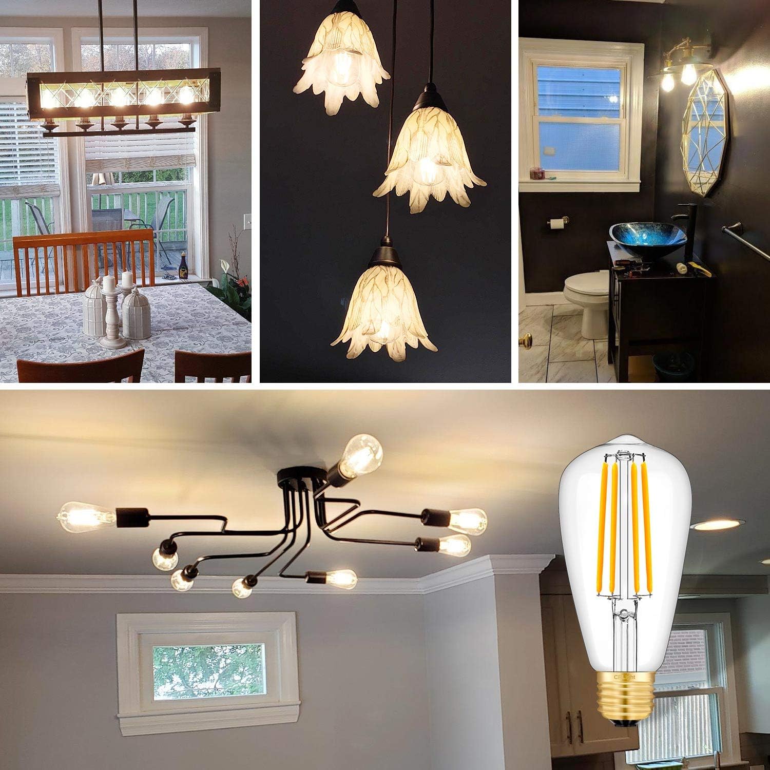 CRLight 8W Dimmable LED Edison Bulb 80W Equivalent 800LM, 3200K Soft White E26 Medium Base, Vintage Style Clear Glass ST64 Lengthened Filament LED Light Bulbs, Smooth Dimming Version, 6 Pack