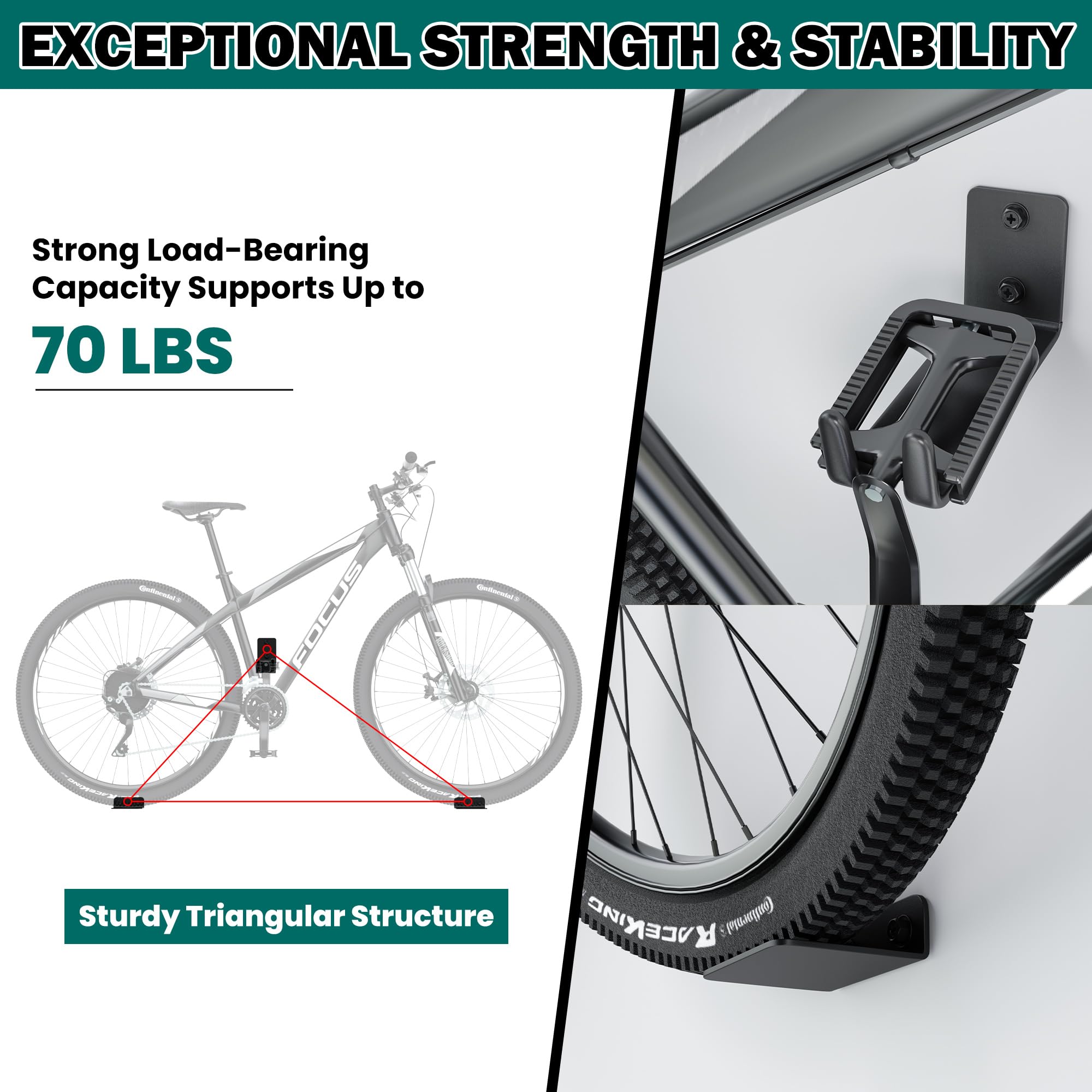EVERHANGER Lot de 2 supports muraux pour pédales de vélo, porte-vélos de garage, crochets horizontaux, peut supporter jusqu'à 31,8 kg