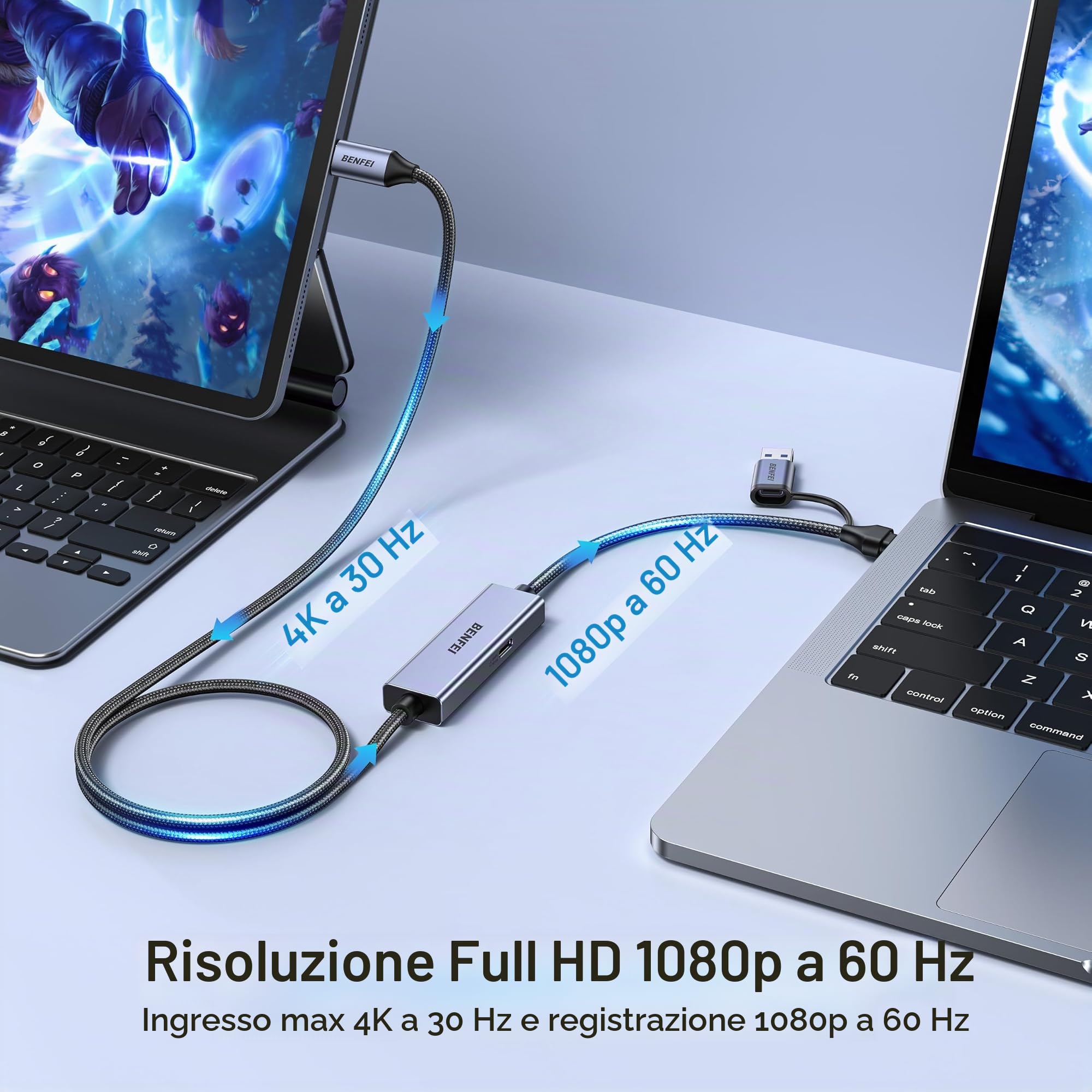 BENFEI Scheda di acquisizione video/audio USB C che supporta Full HD 1080P 60FPS per streaming, registrazione, gioco, compatibile con Switch, PS4, PS5, Xbox, funziona con PC/Windows/Mac OS