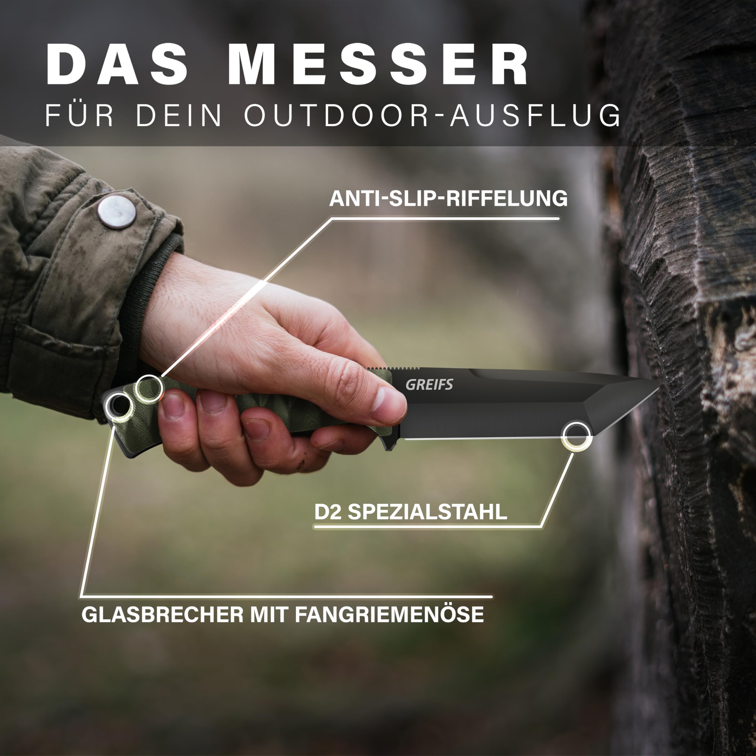GREIFS® Outdoor-Messer Tanto aus D2 Stahl mit Kydex Holster und Feuerstahl, edles Survival Messer für die Bushcraft Ausrüstung, Jagdmesser, Schnitzmesser, Fahrtenmesser (RangerTanto/Schwarz-Grün)