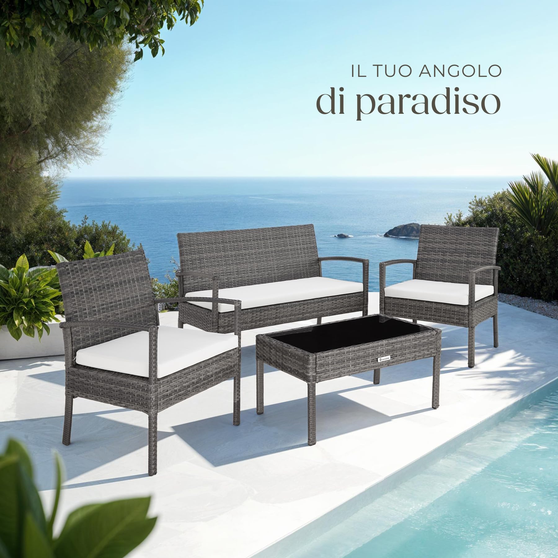 tectake® Set di Mobili in Rattan Sparta, Set Sedie, Panca, Tavolino Salotto con Lastra in Vetro, Comodi Cuscini Idrorepellenti, Ideale per Giardino, Terrazzo, Veranda - Grigio