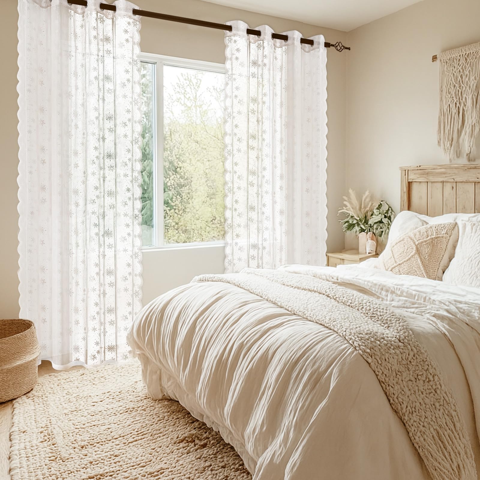YSTELLAA Tende Per Interni In Voile 2 Pannelli, 140x300cm, Tende Pizzo Macrame Eleganti, Curtains Con Occhielli Bianche Per Soggiorno E Camera Da Letto Moderne Luminoso, Bianco