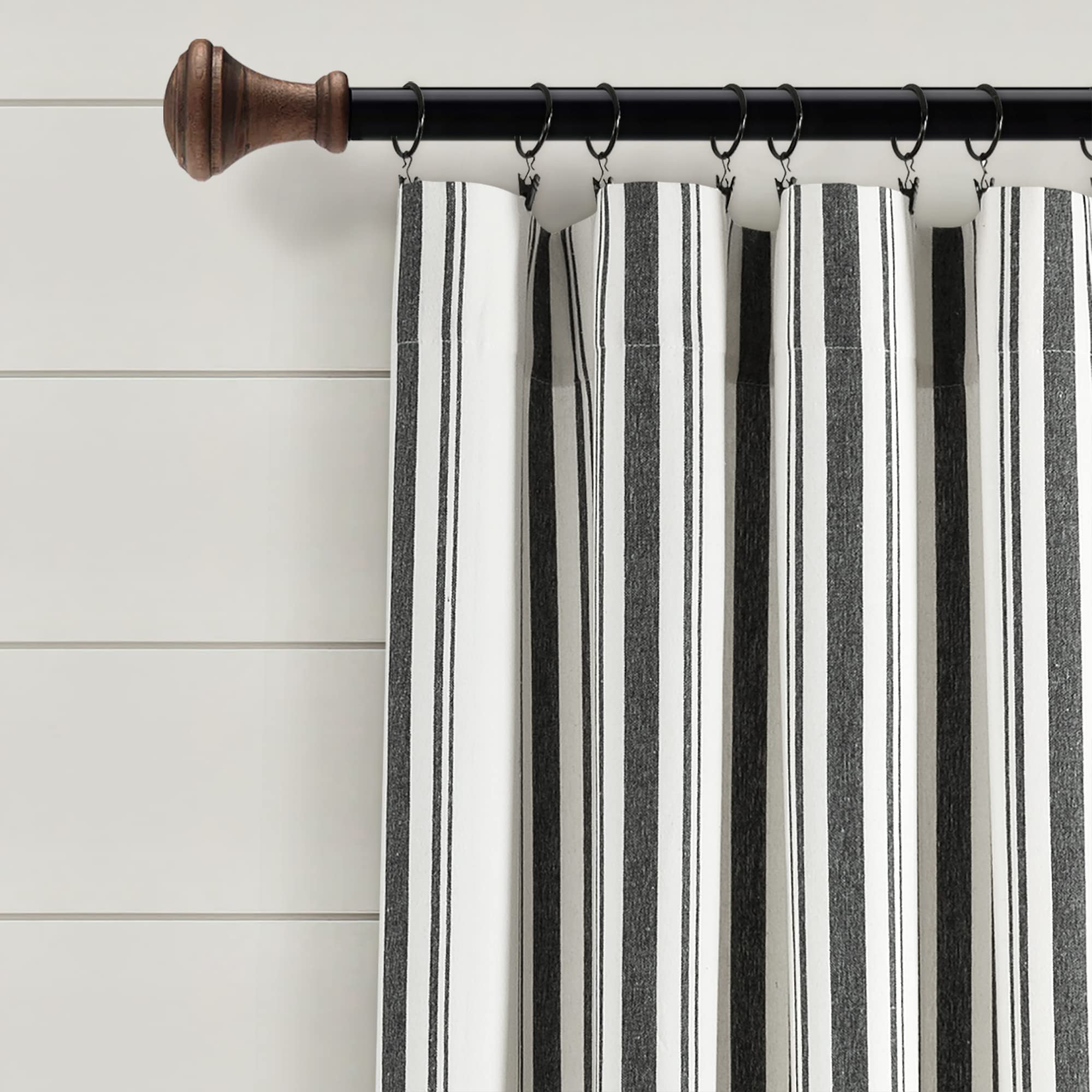 Lush Decor Farmhouse Stripe Yarn Dyed Eco-Friendly Recycled Cotton Window Curtain Panel Pair, 95" L x 42" W, Black - Image 2