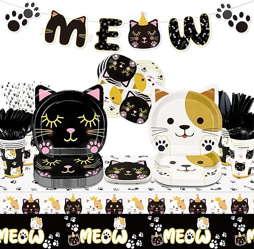 167 piezas de decoración de fiesta de cumpleaños de gatos, incluyendo platos de gato, servilletas, vasos, mantel, pancarta MEOW y pajitas de papel