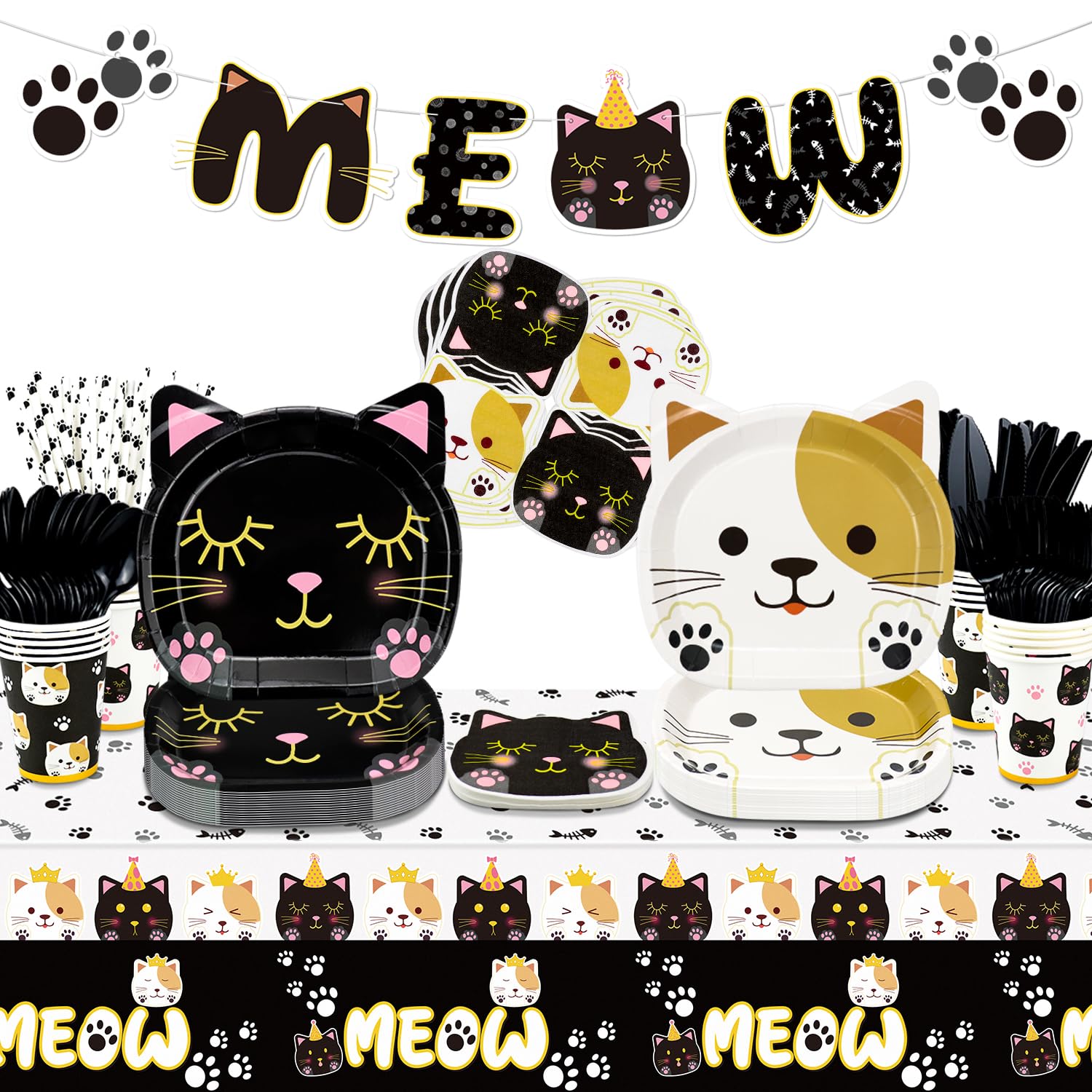 167 Pcs Cat Birthday Party Decorations - Including Cat Plates, Napkins, Cups, Tablecloth, MEOW Banner, and Paper Straws for Pet Cat Themed Birthday