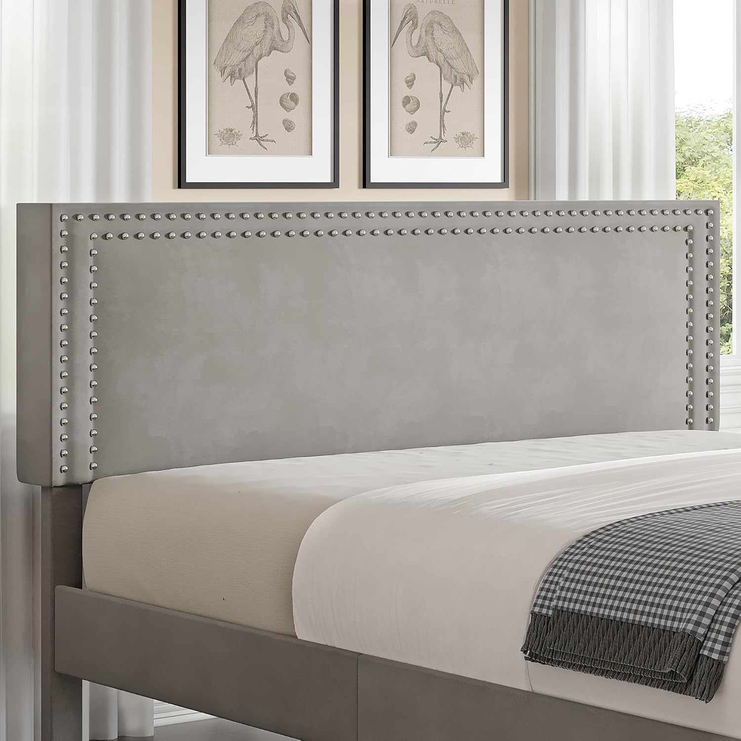 VECELO Full Size Platform Bed Frame with Height Adjustable Upholstered Headboard, Modern Mattress Foundation,Strong Wood Slat Support, No Box Spring Needed, Easy Assembly,Light Grey