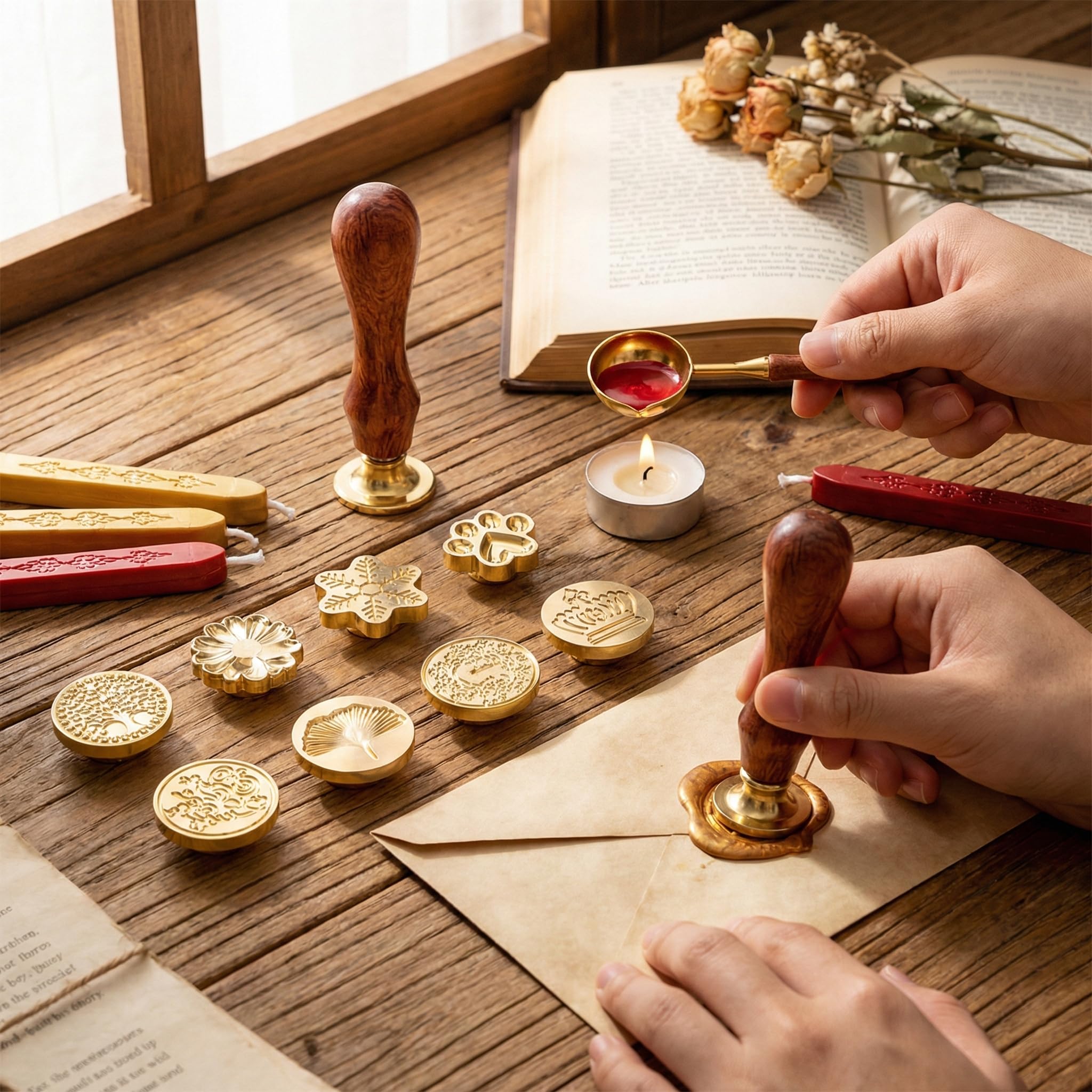 Sello de lacre Vintage con 20 diseños, Incluye Mango de Madera y Cabezales Intercambiables, Ideal para Invitaciones, Cartas y Regalos – Set Completo de lacrado Elegante