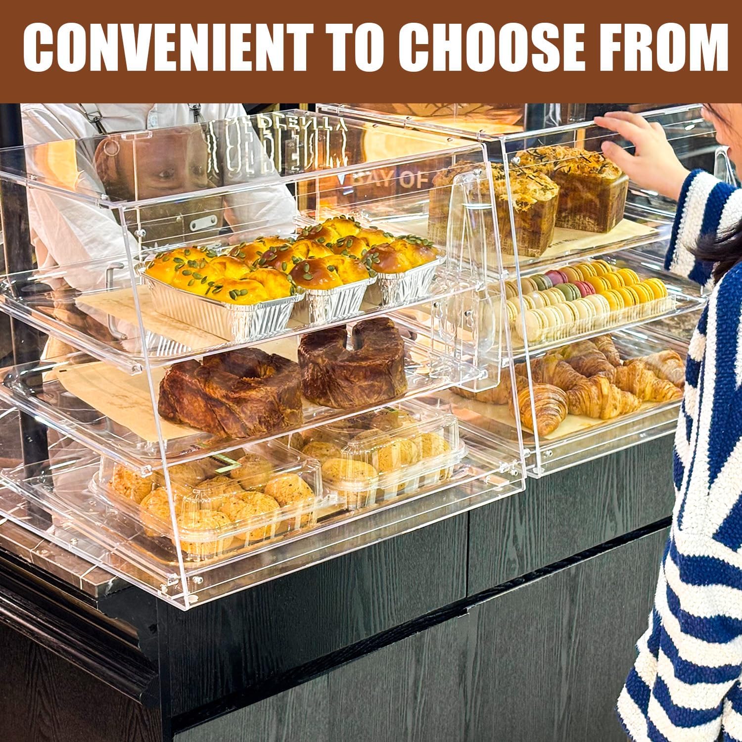 3-Tray Bakery Display Case with Rear Doors, 20.9 x 17.3 x 16.7 inches, Clear Countertop Cabinet for Pastries and Desserts