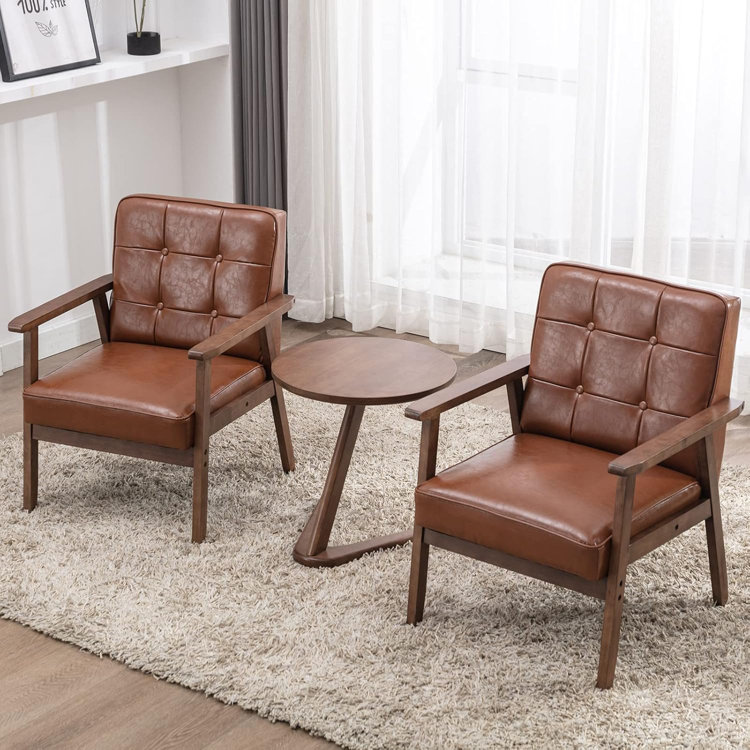 Okeysen Mid Century Modern Accent Chairs Set of 2 with Side Table - Retro Brown Leather Armchairs for Living Room, Bedroom, Office
