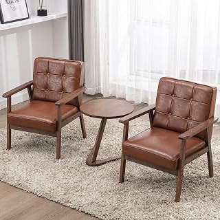 Okeysen Mid Century Modern Accent Chairs Set of 2 with Side Table - Retro Brown Leather Armchairs for Living Room, Bedroom, Office