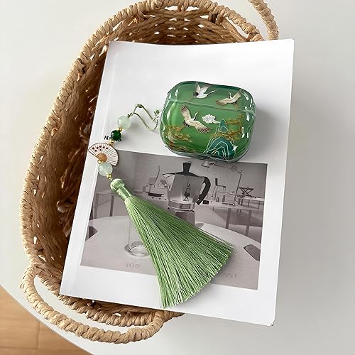 Miniatura 7 de Lucky Crane - Funda para AirPod Pro 2, funda verde de TPU suave protectora, a prueba de golpes, con llavero de borla de cuentas de abanico verde y
