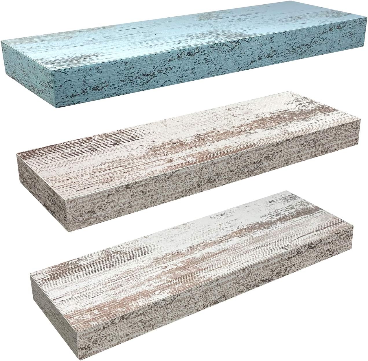 Sorbus Floating Shelf Set - Rustic Wood Coastal Beach Style Hanging Rectangle Wall Shelves for Home Décor, Trophy Display, Photo Frames, etc.(Blue/White, 3 Pack) : Home & Kitchen