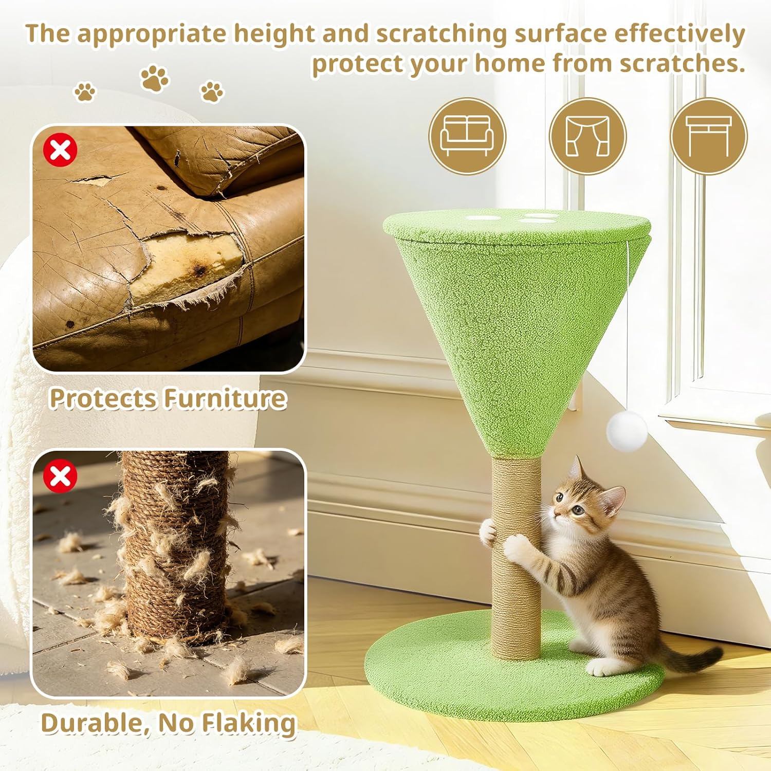 Green Martini Cat Scratcher 19.7" Tall Scratching Post with Interactive Ball and Perch Natural Sisal Rope Decorative Martini Glass Tree Tower for Indoor Kittens Small, Medium, and Large Cat