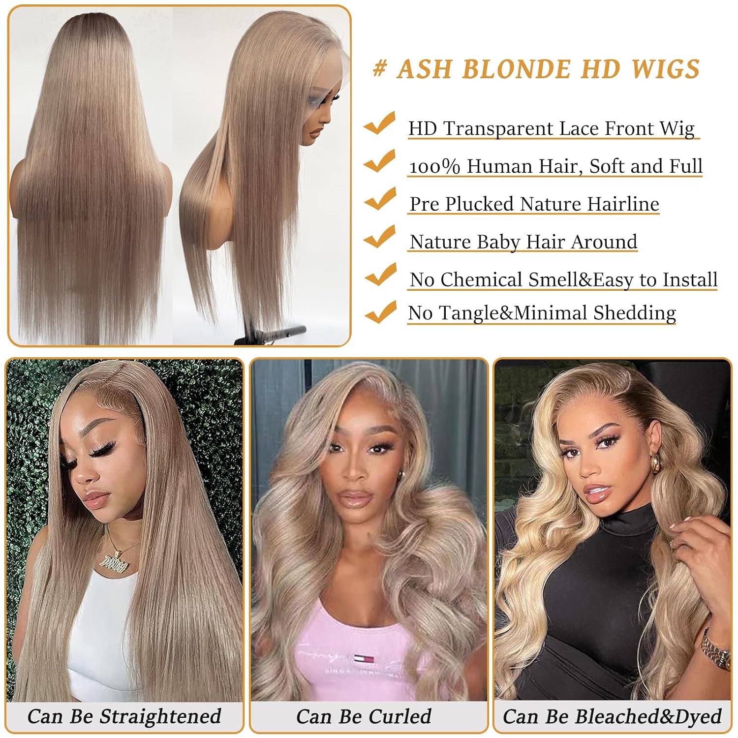 Straight Ash Blonde 13X6 HD Lace Front Wigs Human Hair for Women 24 Inch Colored Ash Blonde Deep Parting Glueless Lace Frontal Wigs 180% Density Pre Plucked with Baby Hair