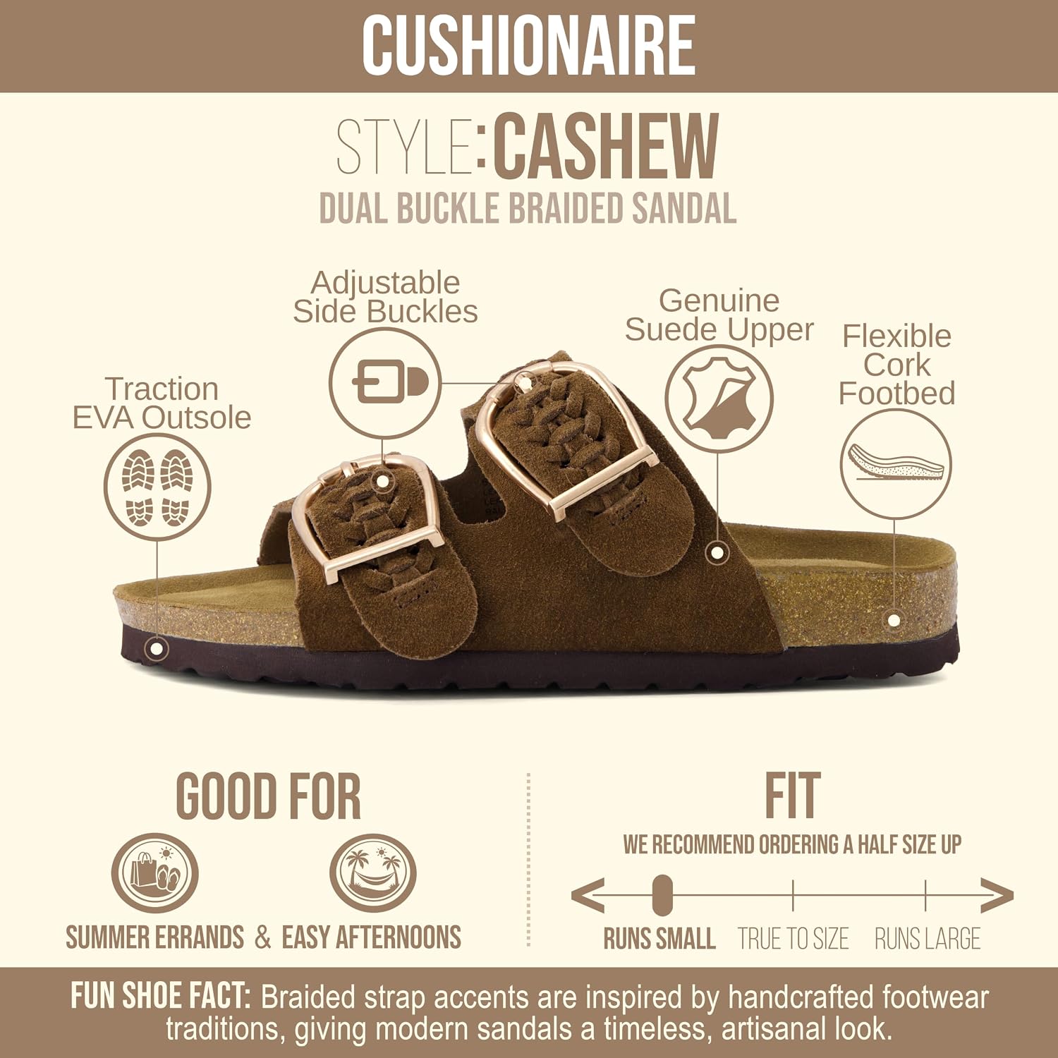 CUSHIONAIRE Cashew Slip On Womens Sandals, Genuine Suede Leather Braided Double Strap Slide On Sandals with Adjustable Big Buckle for Women