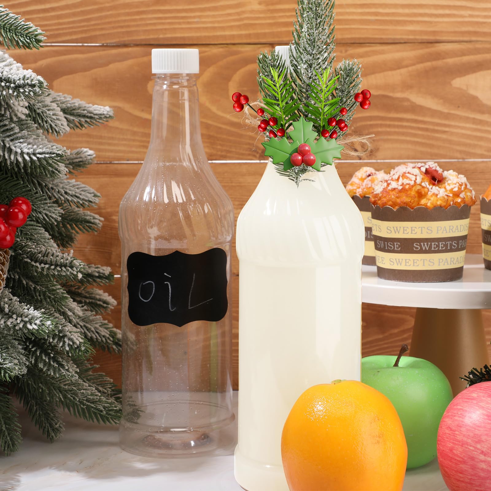 Dandat 12 botellas vacías de cuello largo de 32 onzas con tapas de rosca, botellas de vino de plástico transparente, botellas de coquito caseras, reutilizables para licor, condimentos, uso en hielo