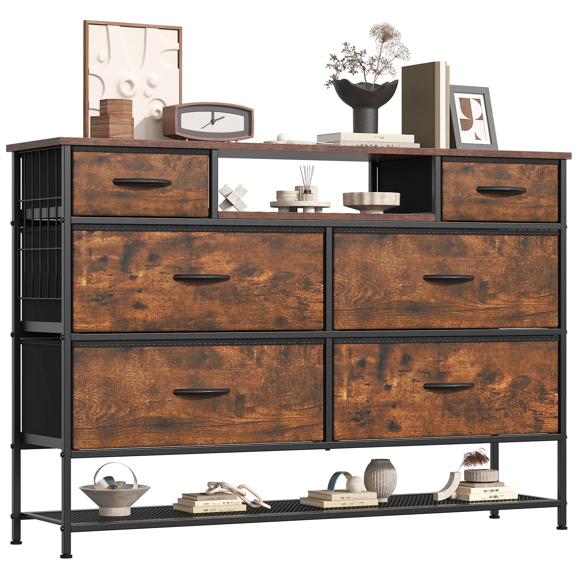 Chartyou Fabric 6-Drawer Chest with Shoe Shelf | 47.2" Wide Multi-Function Storage Cabinet, TV Stand & Wardrobe Unit for Bedroom, Hallway or Living Room (Brown)