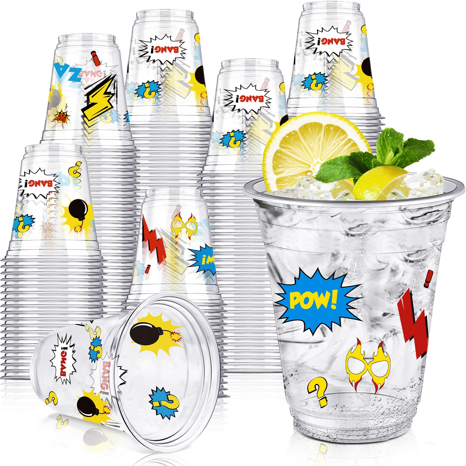 Uiifan 50 Pcs Hero Themed Party Decorations Cups Bulk Hero Birthday Party Supplies 12 oz Disposable Clear Plastic Cups Themed Decorations for Fun Hot Cold Drinking Boom Birthday Favor