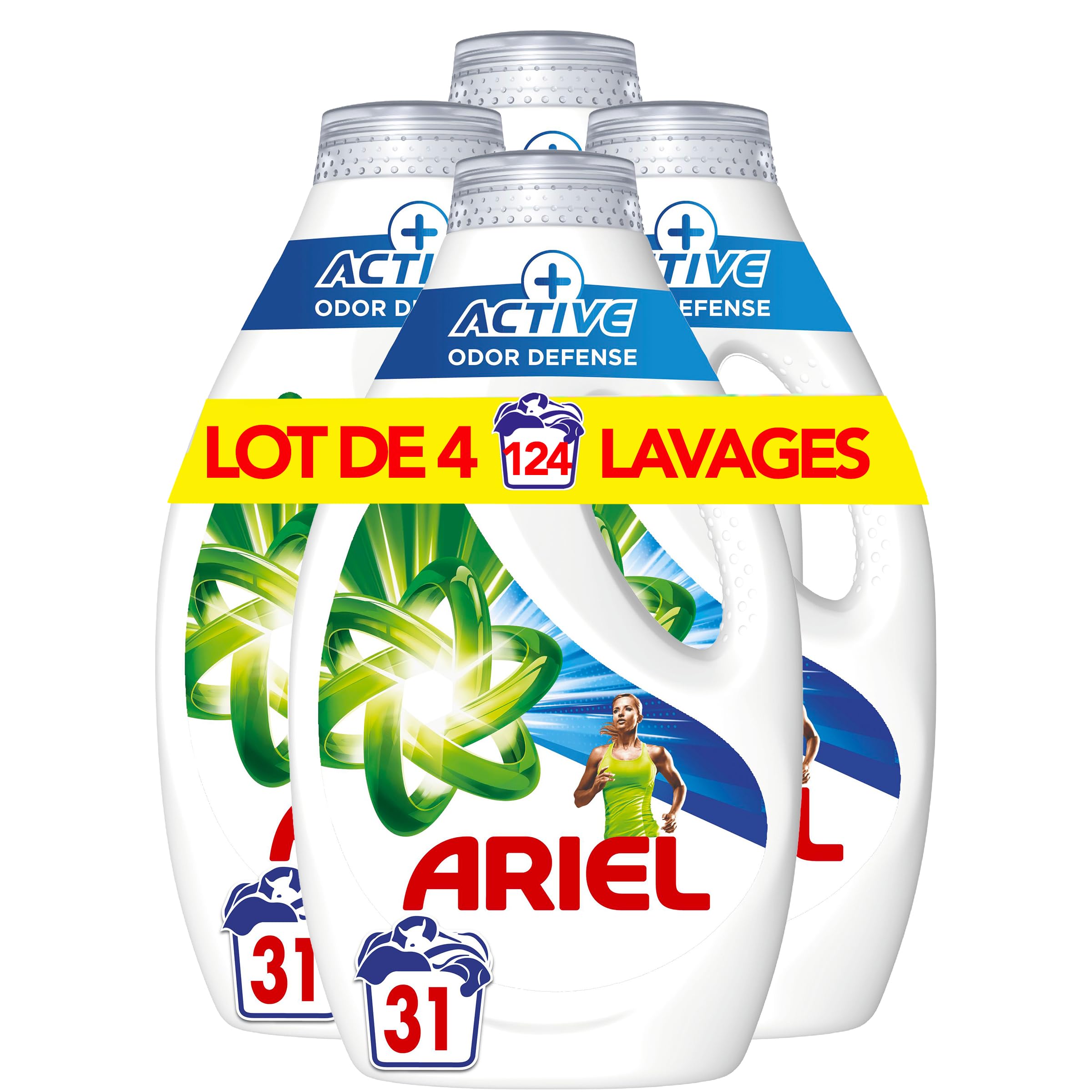 Ariel Lessive Liquide, 4 x 31 Lavages, Active Odor Defense, Touche De Febreze, Parfum De Propreté 2x Plus Long, Fabriqué En France