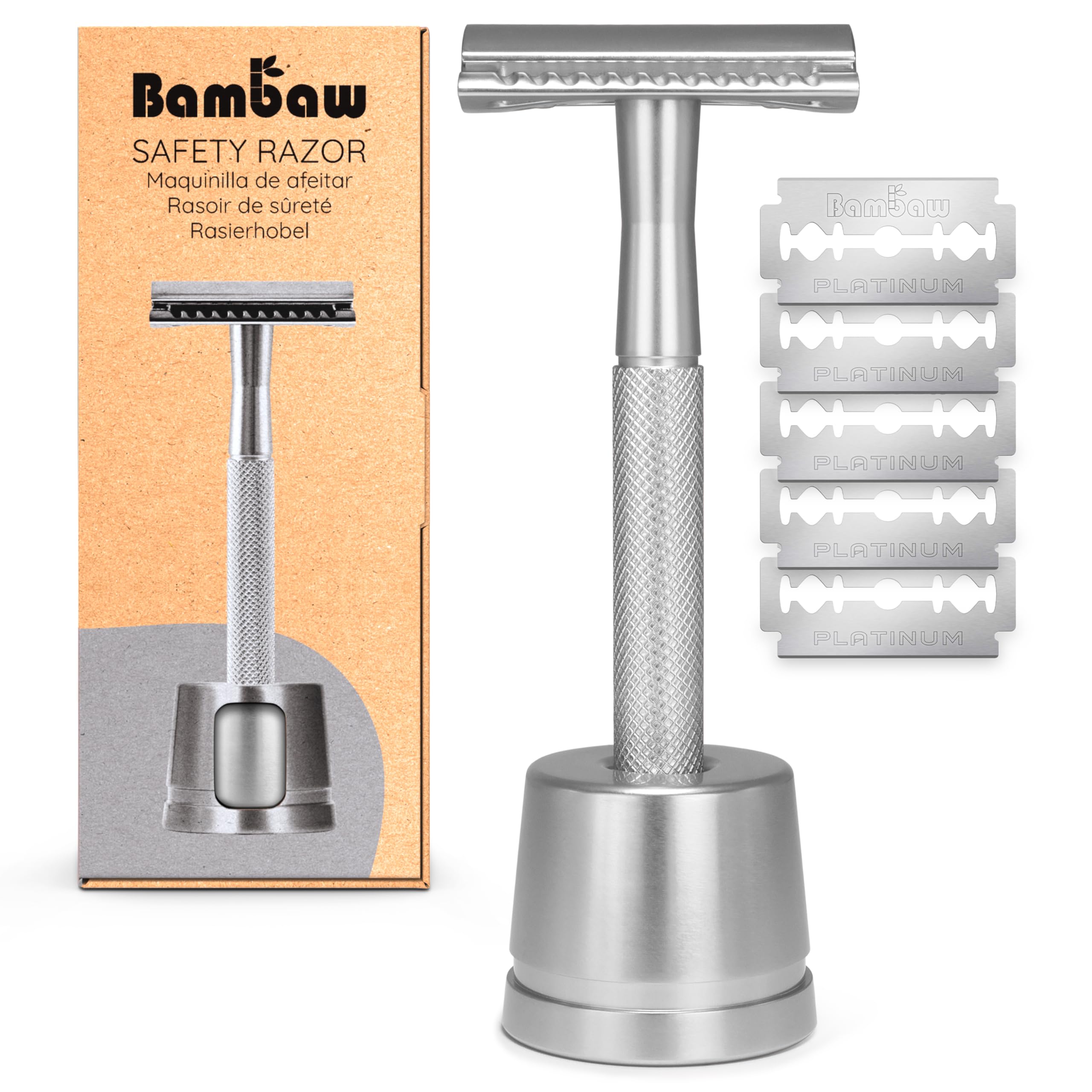 Bambaw Rasoir de Sureté Homme & Femme en Métal avec Socle et 5 Lames de Rechange, Rasoir Femme Reutilisable au Design Équilibré, Rasage Manuel Précis pour le Visage & le Corps (Argenté)