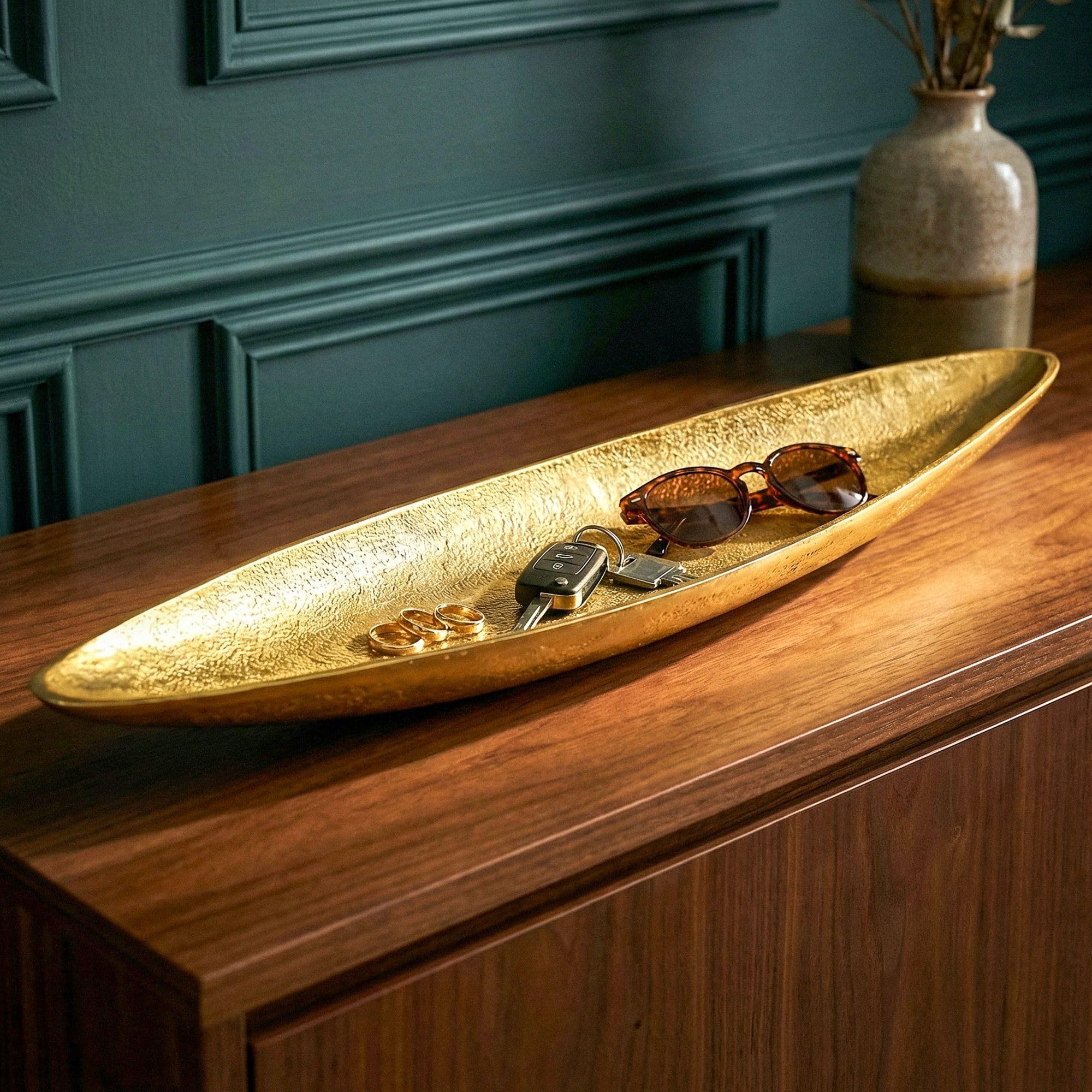 FineBuy Dekoschale 80 cm Aluminium Gold, Tischdeko Metall Länglich | schmale Schale als Wohnaccessoire, Tischdekoration für Esstisch und Sideboard, handgefertigtes Unikat, Obstschale