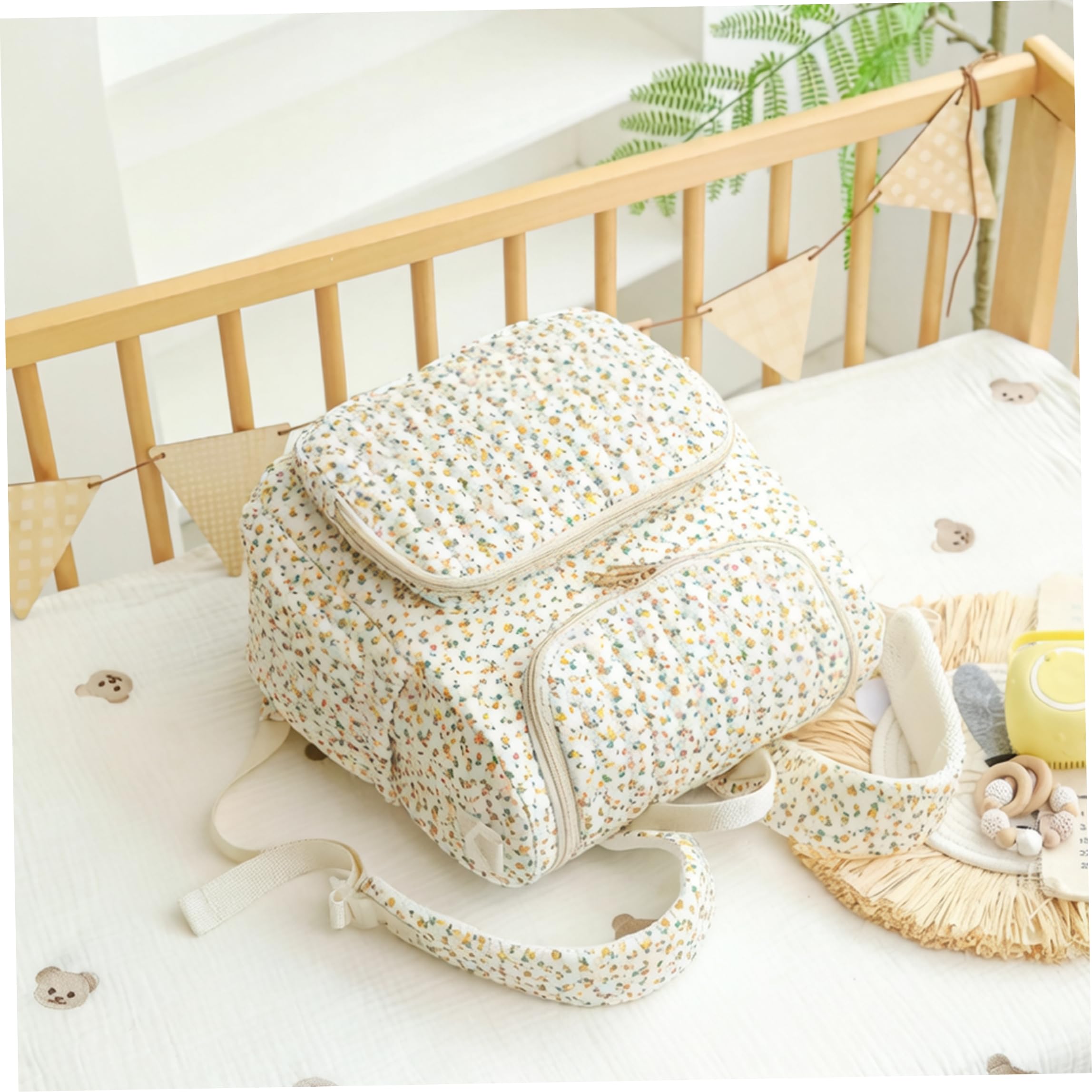 Zaino per pannolini trapuntato floreale bianco giallo, spaziosa borsa per mamma con tasche multiple