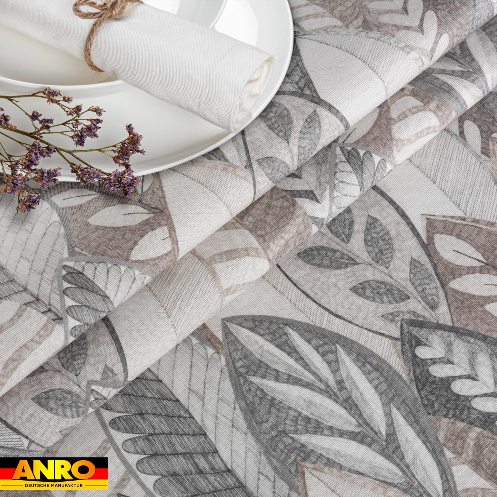 ANRO Obrus na stół Minta 70% bawełna 30% poliester – elegancki wzór liści, łatwy w utrzymaniu czystości, obcięta krawędź 500x140 cm
