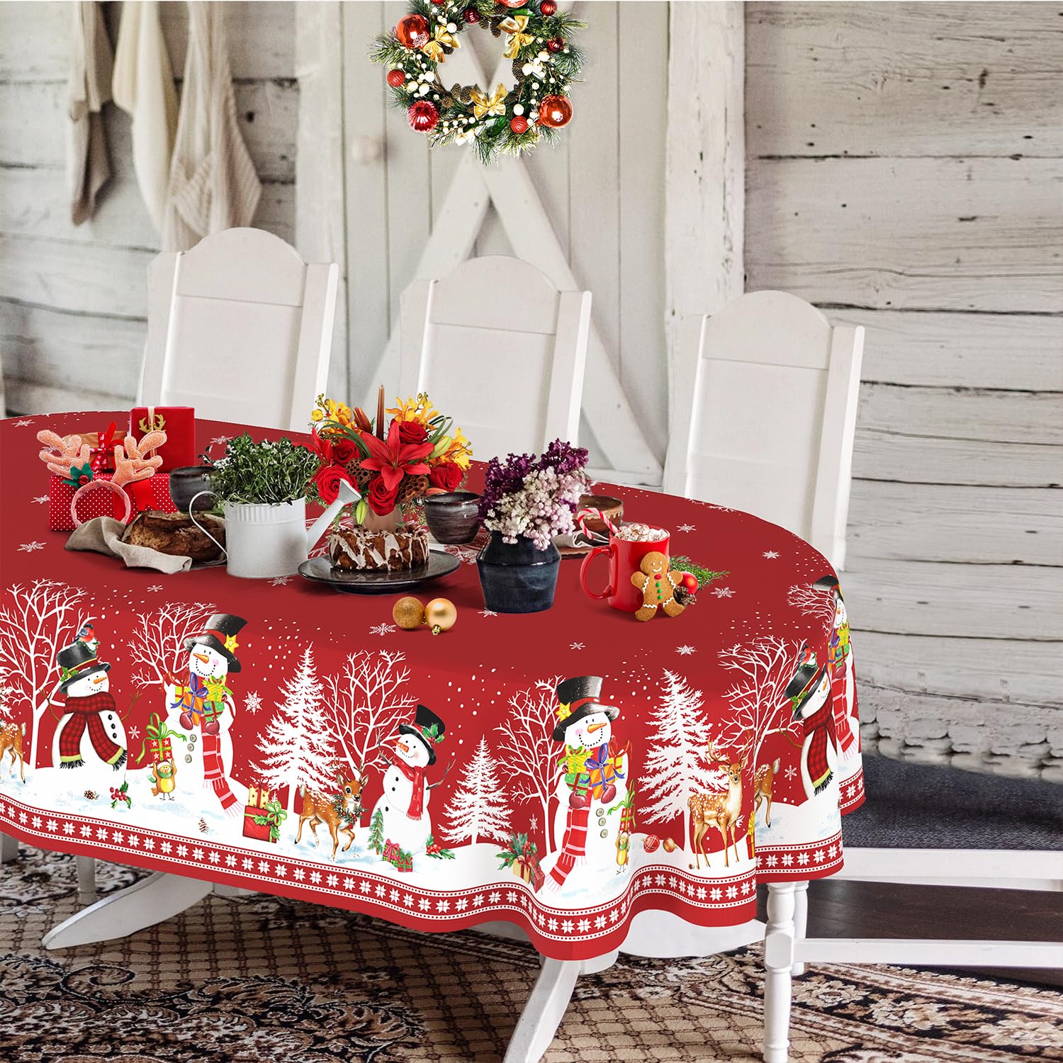 Yighty Oval Christmas Tablecloth 60 x 102In,Red Christmas Tree Elk Santa Snowman Xmas Tablecloth, Polyester Waterproof Wrinkle-Resistant Durable