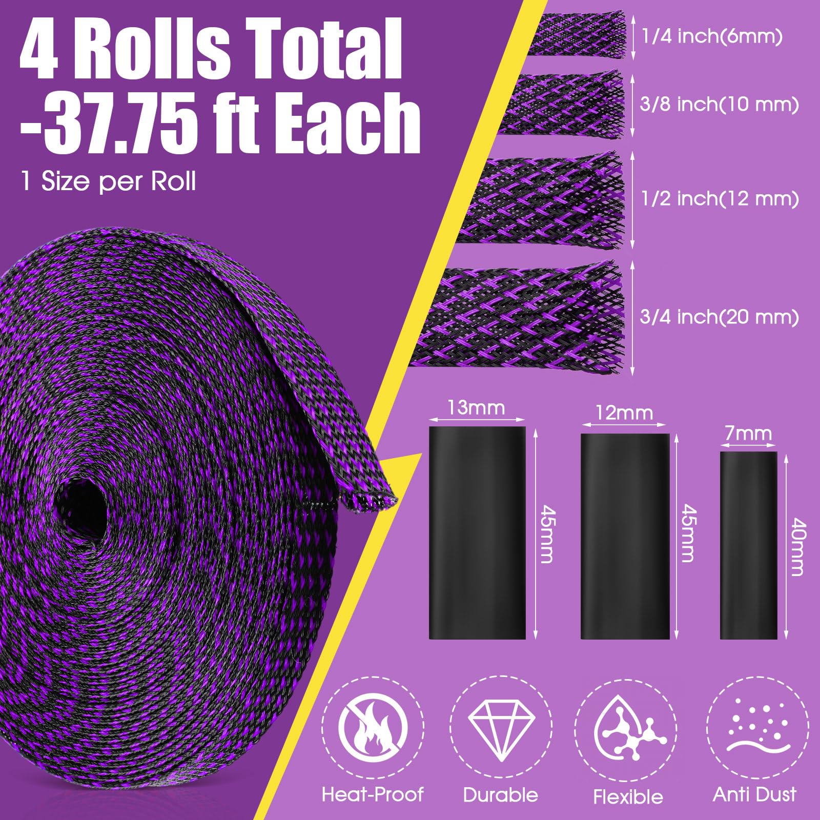 Tatuo Guaina intrecciata espandibile da 46 m, multi dimensione, con 240 tubi termorestringenti per televisione, audio, cavi video, animali domestici, 1/4", 2/5", 1/2", 3/4" (viola)