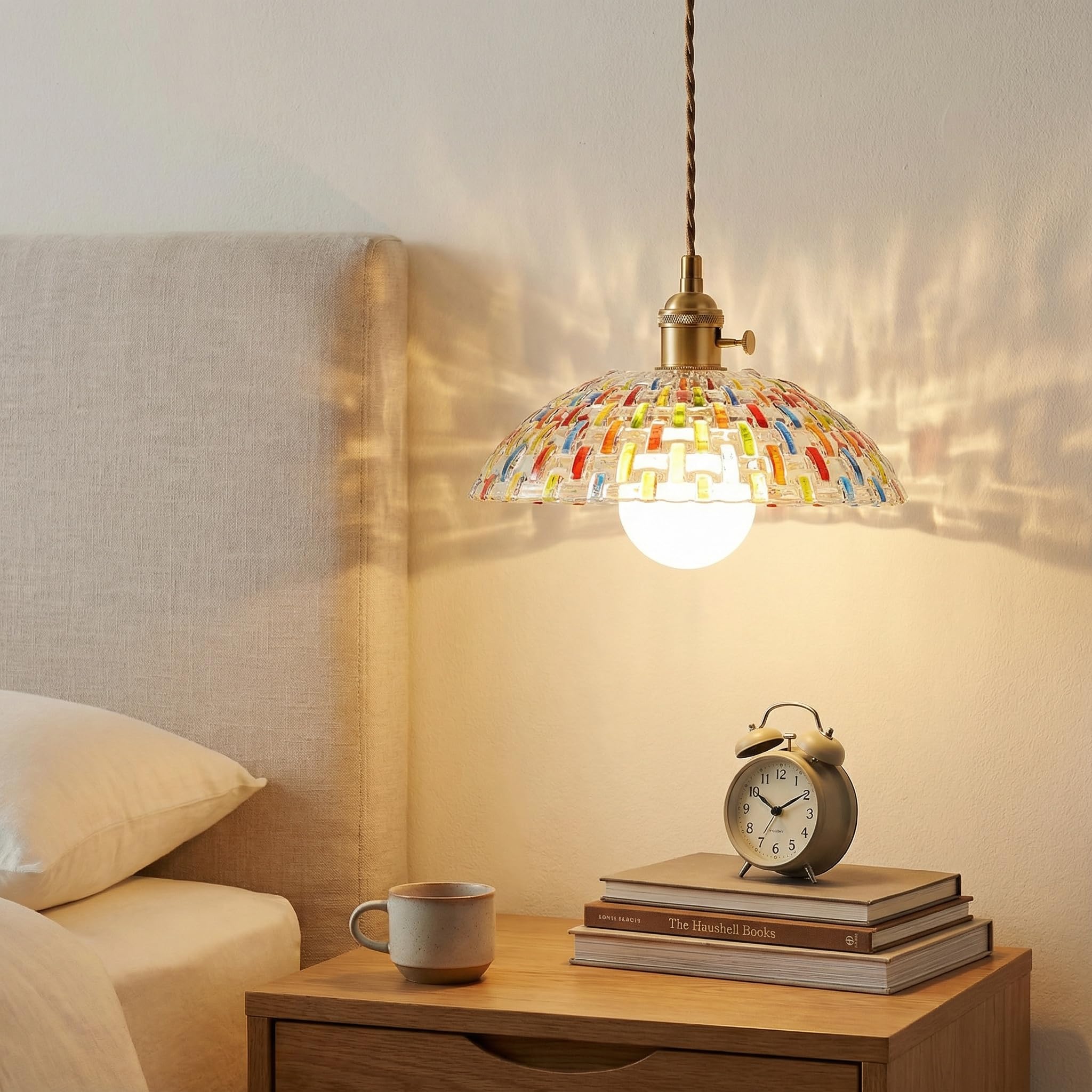Lampada a Sospensione con Paralume in Vetro Mosaico Dipinto a Mano, Lampadario Sospesa da Soffitto Vintage E27 con Interruttore per Cucina Soggiorno e Sala da Pranzo (30cm)