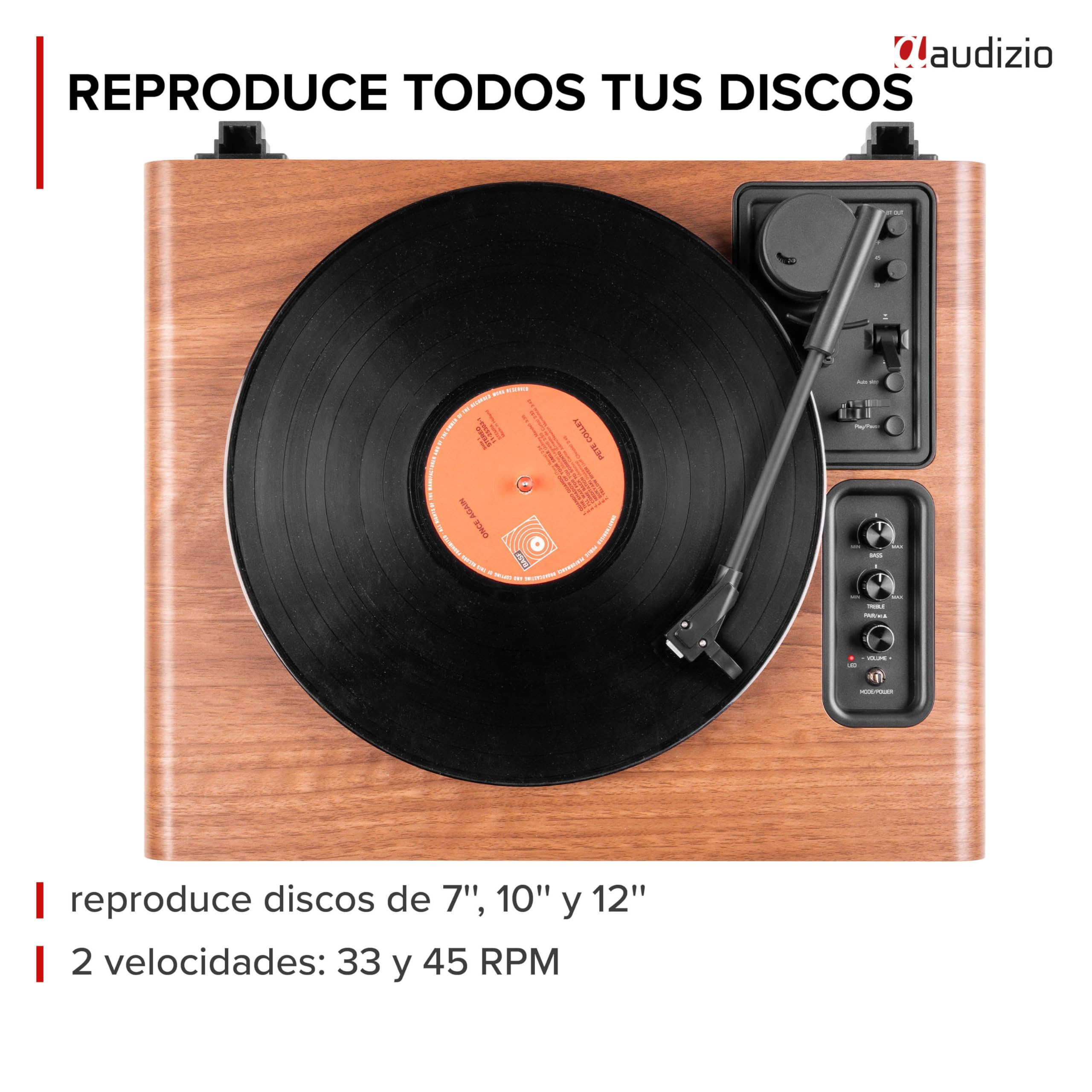 Audizio Laredo – Tocadiscos de Vinilo Bluetooth con Altavoces HiFi 160W, cápsula Audio Technica, Gira Discos con Plato de 29 cm, giradiscos Vinilo con RCA y BT in/out, Acabado en Madera