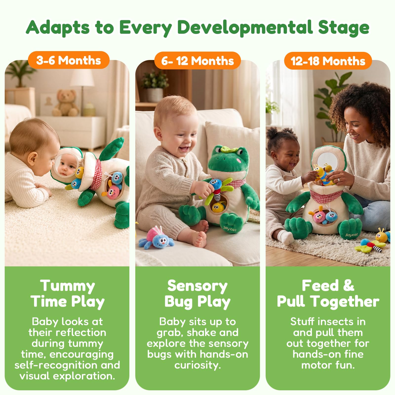 JoyCat Jouets pour Bébés 3 à 18 Mois - Jouet Montessori Grenouille avec 4 Insectes sensoriels, Hochet, Papier Froissé, Couineur et Miroir Bébé - Jouets Montessori pour Enfant 6 7 8 9 10 Mois, Cadeau