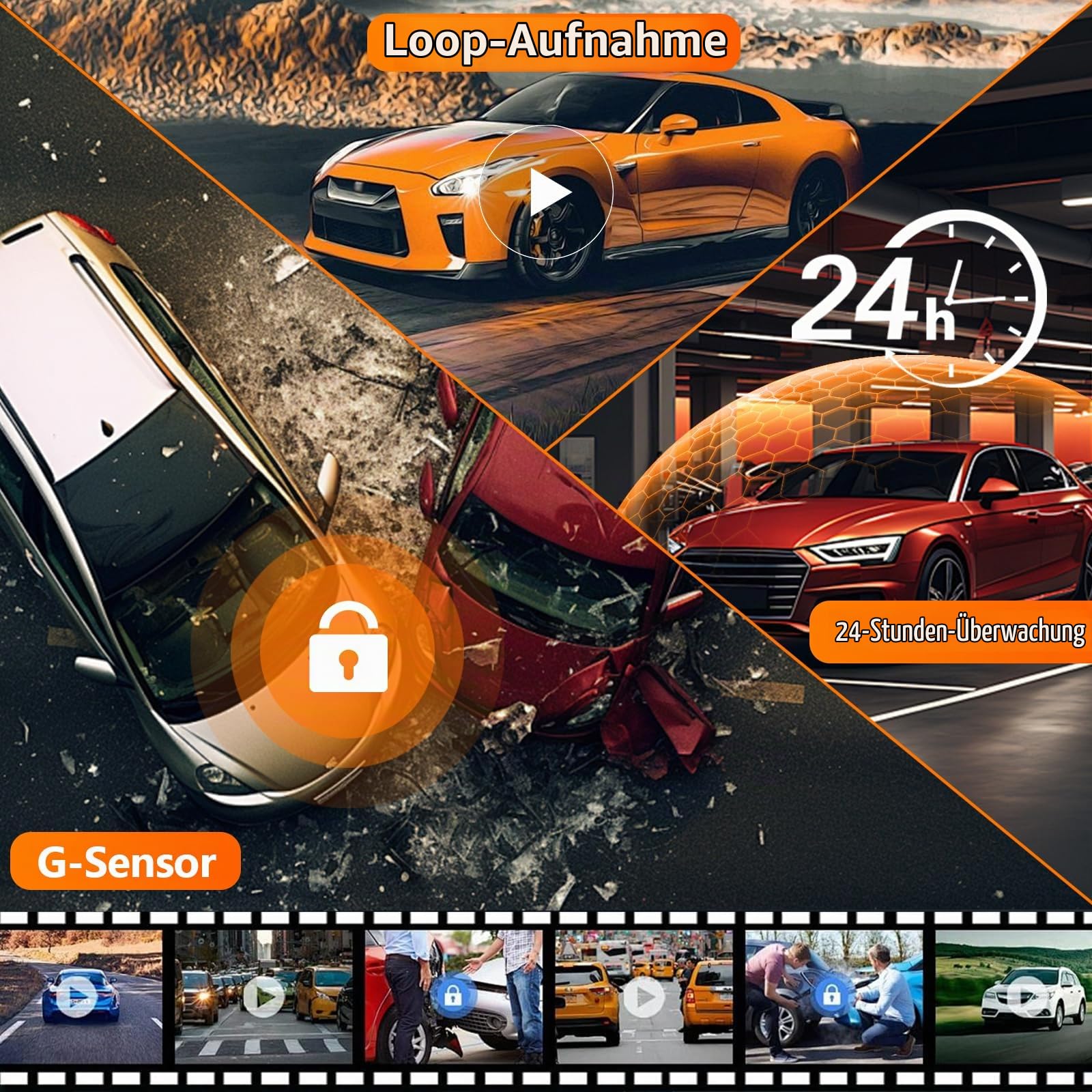 Mirror Dash Cam 4 Channel Front Rear, 3 inch Rückspiegel Kamera mit 64GB Karte/G-Sensor/Parking Monitoring/Night Vision/24H Parking Mode + Waterproof 1080P Rear Camera