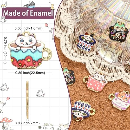 Miniatura 2 de DanLingJewelry 30 dijes de taza de gato esmaltados de 6 estilos, lindos dijes de taza de té para hacer collares y joyas