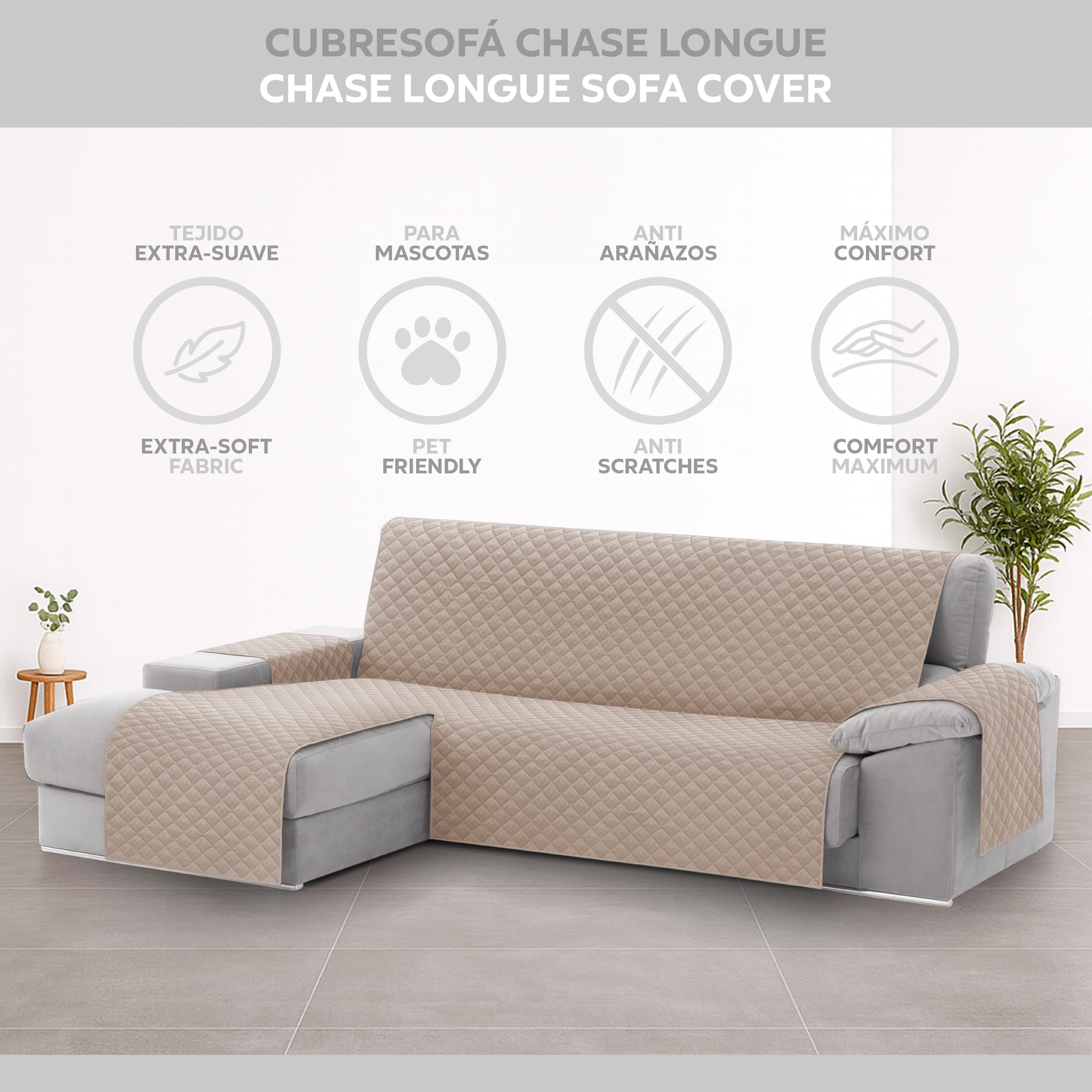Textilhome Copridivano Chaise Longue con Penisola Malu 240cm – Salvadivano Trapuntato Universale con Bracciolo Sinistro, Protezione per Animali Domestici, Colore Beige (Visto da Davanti)