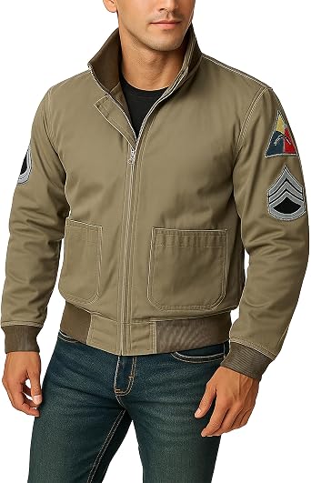 Mens Vintage Uniform Military Cotton Bomber Jacket - Casual Stylish Khaki Bomber Jacket Men