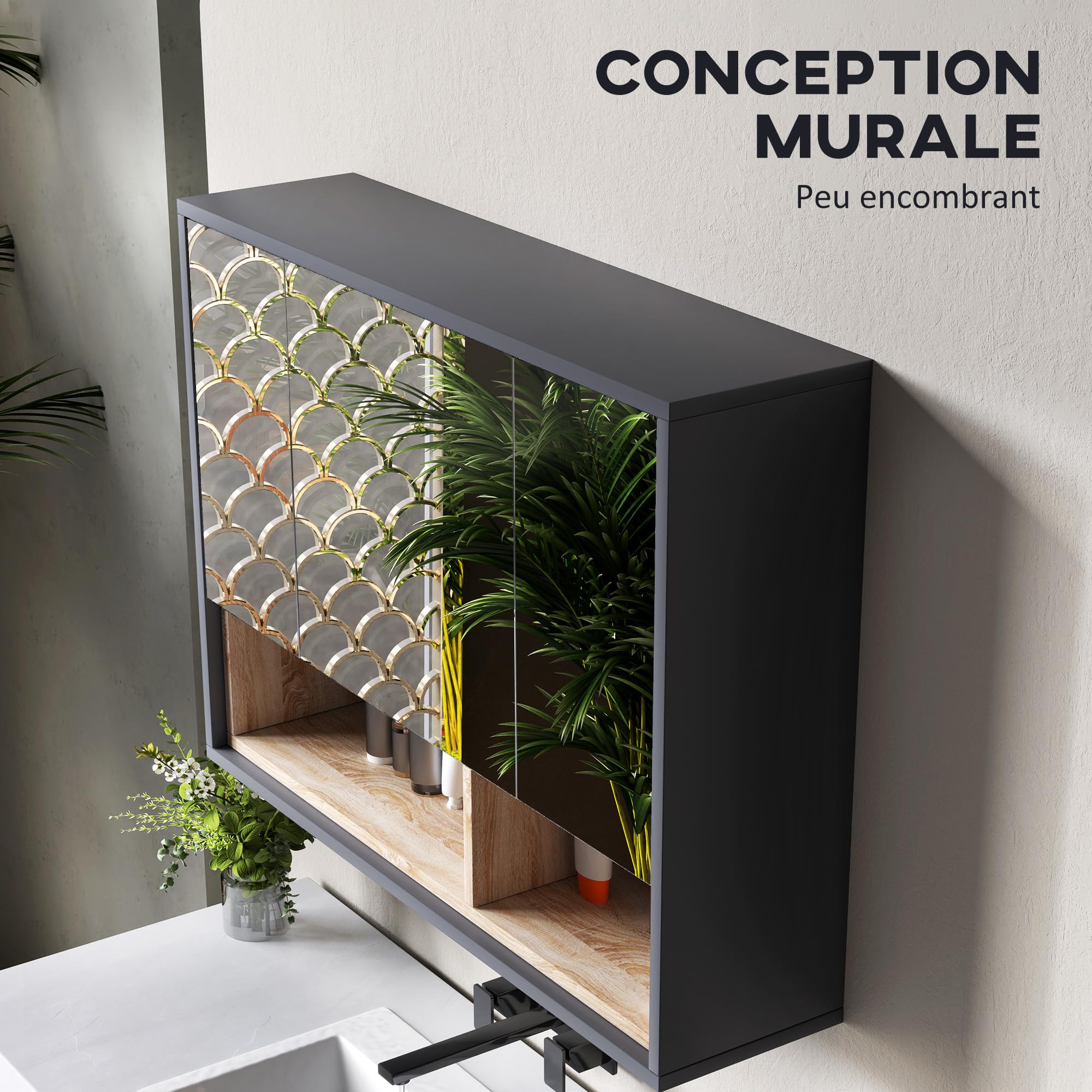 HOMCOM Szafka ścienna, szafka łazienkowa z lustrem wisząca, lustro łazienkowe ze schowkiem, 3-drzwiowe szafy i 8 przegródek, Słońce. 80L x 20 l x 60H cm, szary