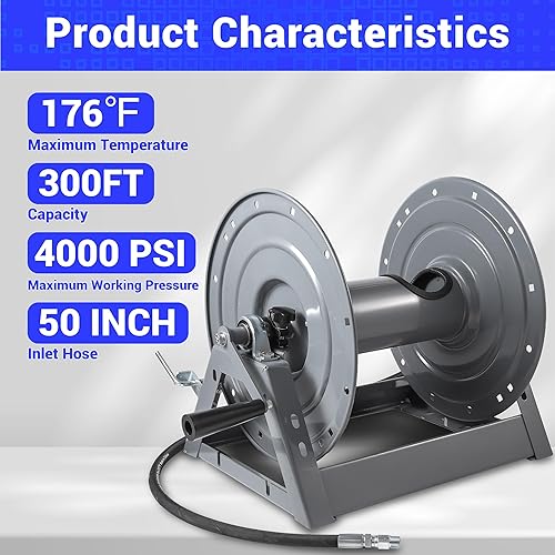 Miniatura 3 de M MINGLE Carrete de manguera para lavadora a presión de 300 pies, carrete de manguera de alta resistencia, carrete de manguera manual de manivela