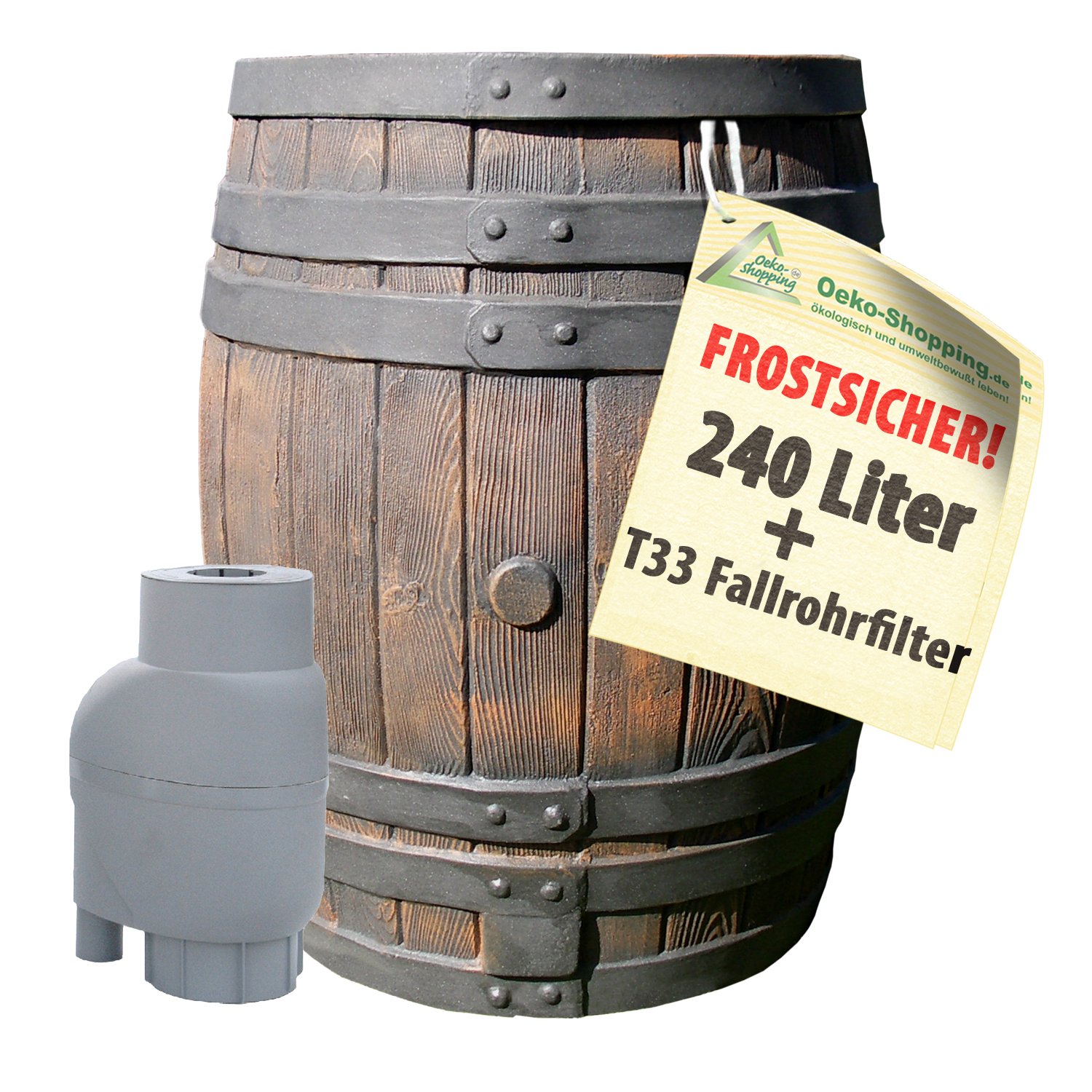 Regentonne Eichenfass mit Regensammler, das Regenfass mit Regenfilter zur automatik-befüllung, in sehr schönem Holz-Design, täuschend-echte Holzstruktur