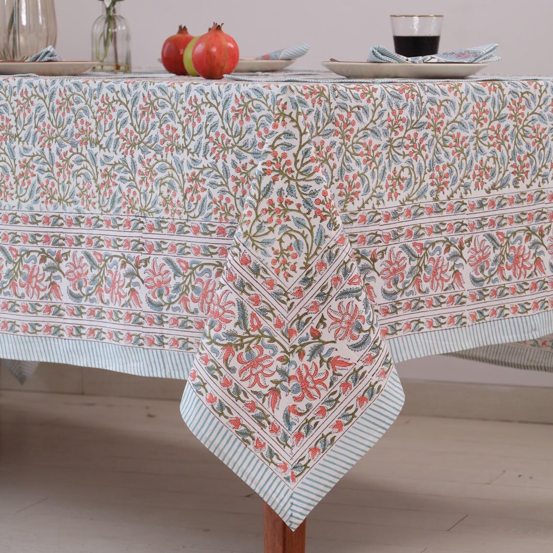 tovaglia in cotone rettangolare, 152.4x228.6 centimetro stampa a blocchi floreali, copertura per tavolo per uso interno ed esterno, sovrapposizione per tavolo farmhouse (multicolore)